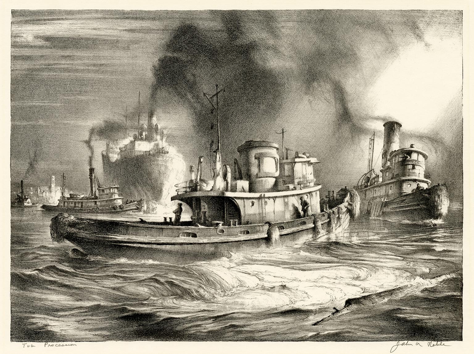 John A. Noble Figurative Print - Tug Procession, Four Generations of Tugs off Staten Island