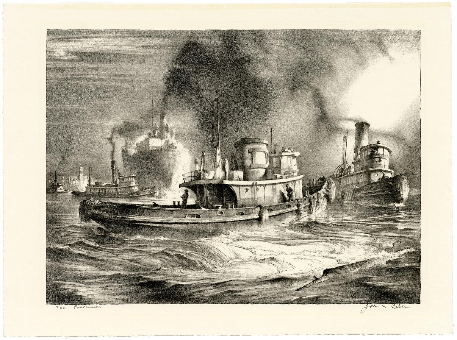 Tug Procession, Four Generations of Tugs off Staten Island - Print by John A. Noble