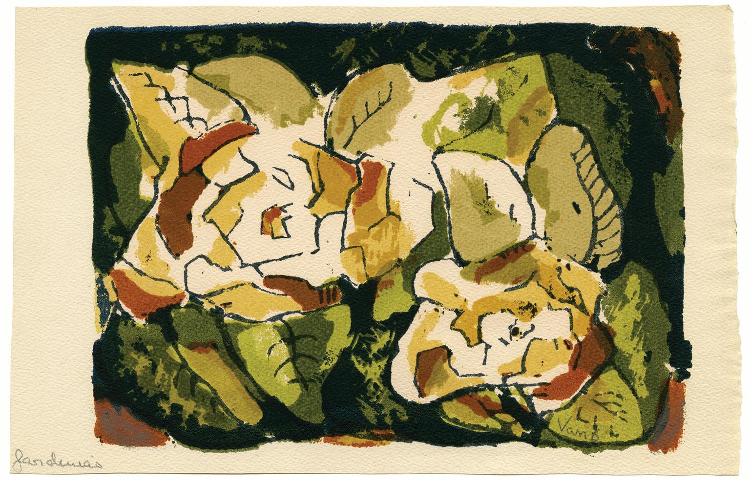 Figurative Print Mary Van Blarcom - Gardenias - Abstraction florale du milieu du siècle dernier