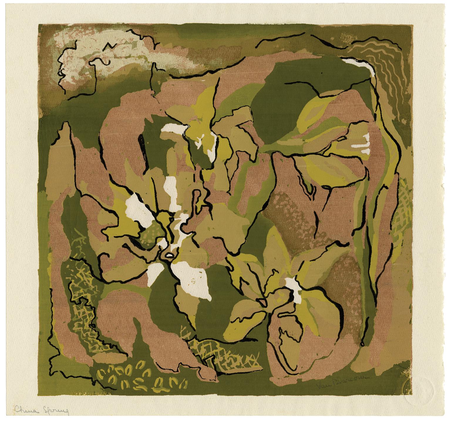 Mary Van Blarcom Figurative Print - 'China Spring' — Mid-Century Floral Abstraction