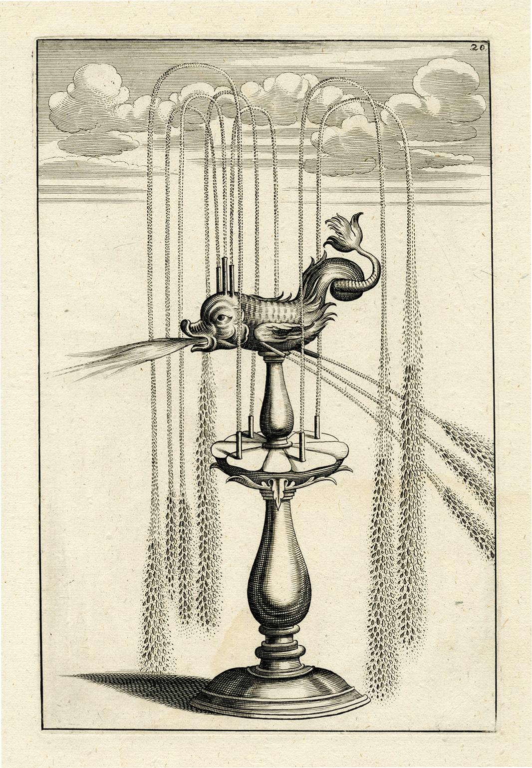 Georg Andreas Böckler Figurative Print - Architectura Curiosa Nova, Dragon Fish Garden Fountain