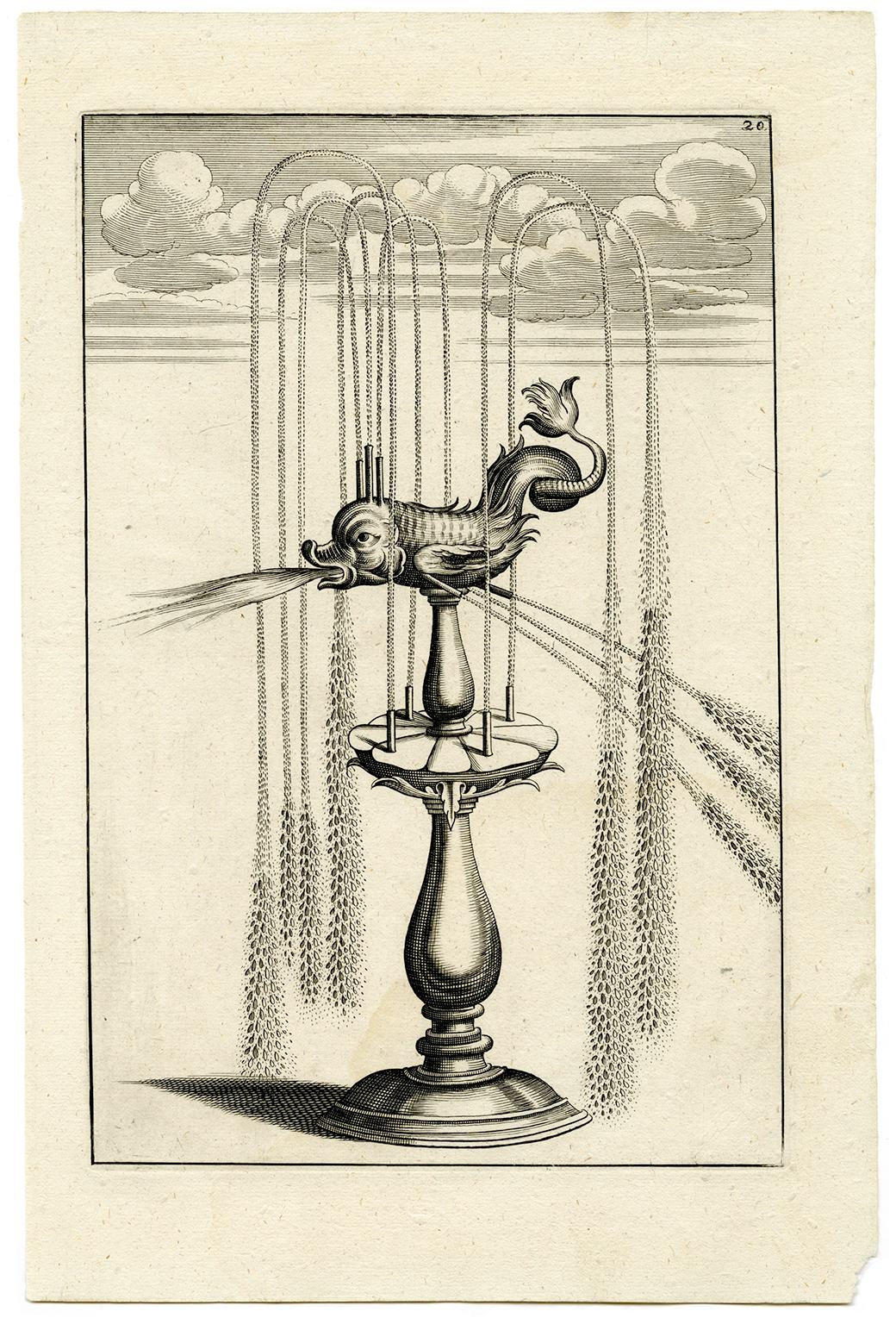 Architectura Curiosa Nova, Dragon Fish Garden Fountain - Print by Georg Andreas Böckler