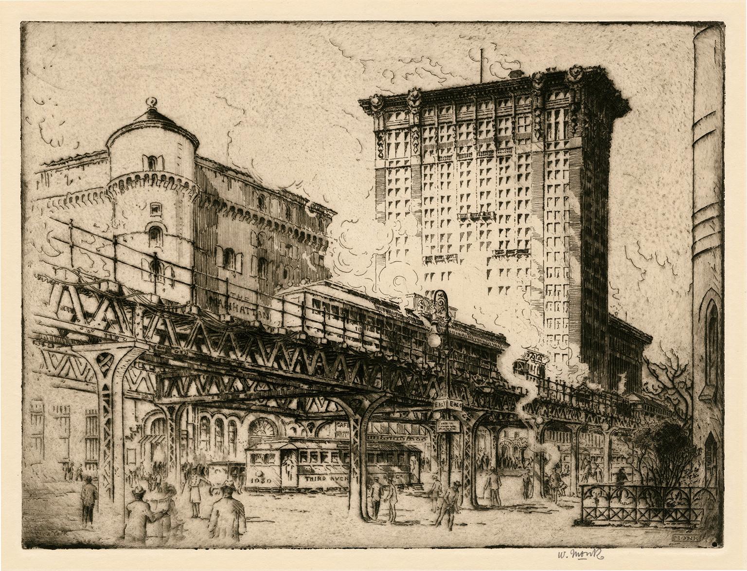 William Monk Figurative Print - The Elevated, East 42nd Street, New York