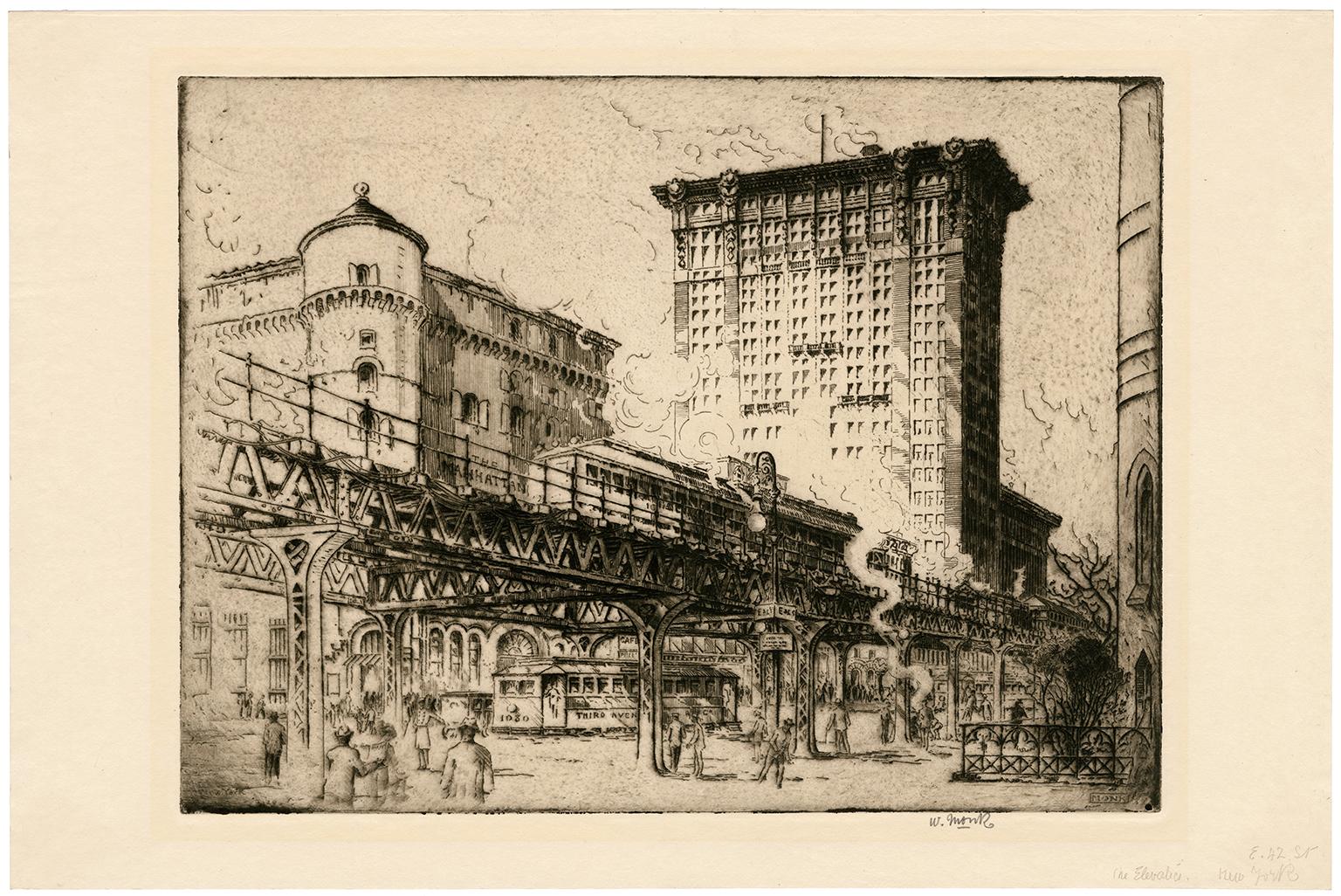 The Elevated, East 42nd Street, New York - Print by William Monk