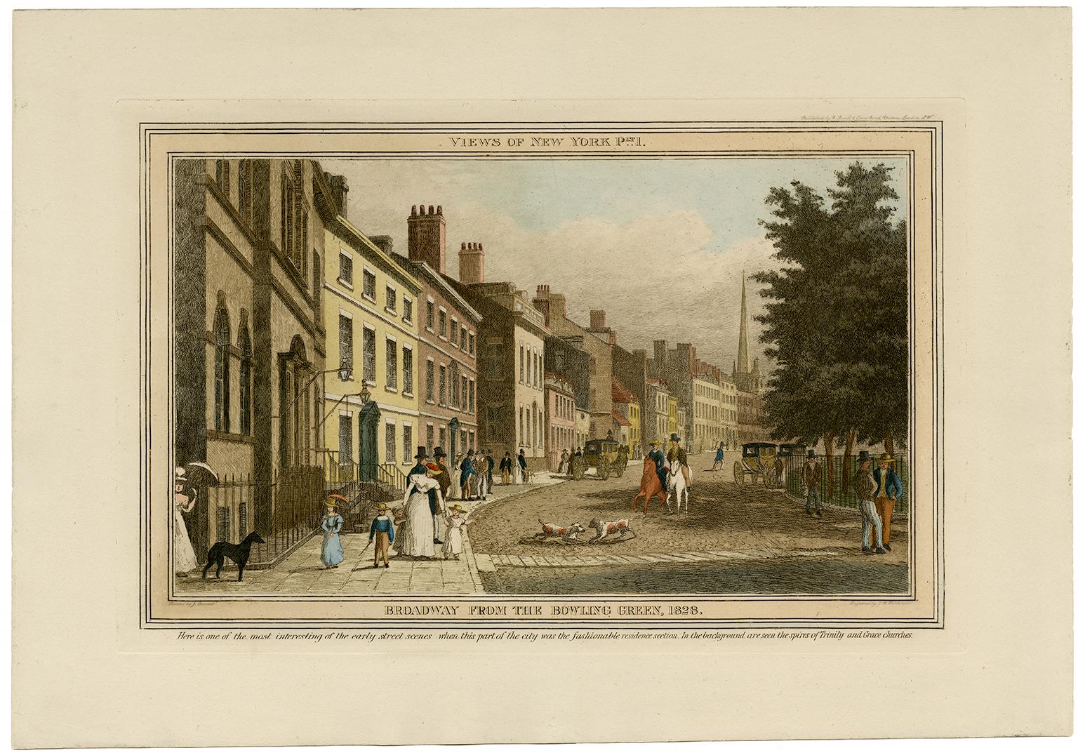 Broadway from the Bowling Green, 1828   — early New York City, hand-coloring - Print by J. R. Hutchinson