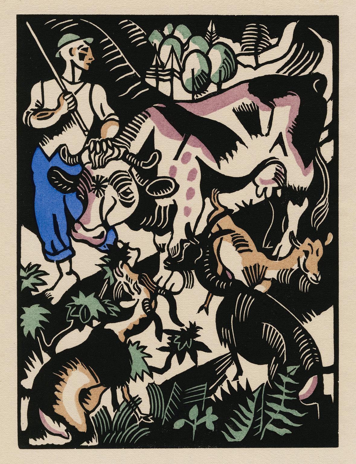 Figurative Print Richard Seewald - Der Hirte (Le berger)  Couleur originale colorée à la main