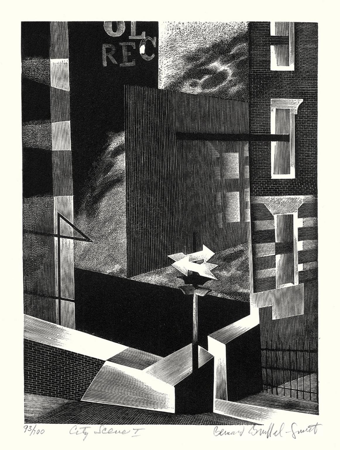 Bernard Brussel-Smith Figurative Print - City Scene I   — mid-century modern