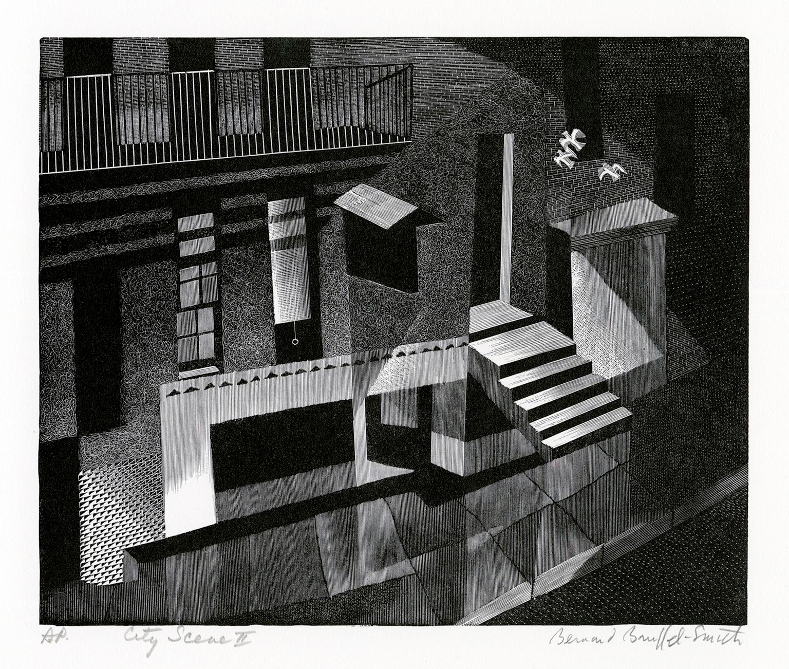 Bernard Brussel-Smith Figurative Print - City Scene II   — Mid-Century Modernism, Precisionism