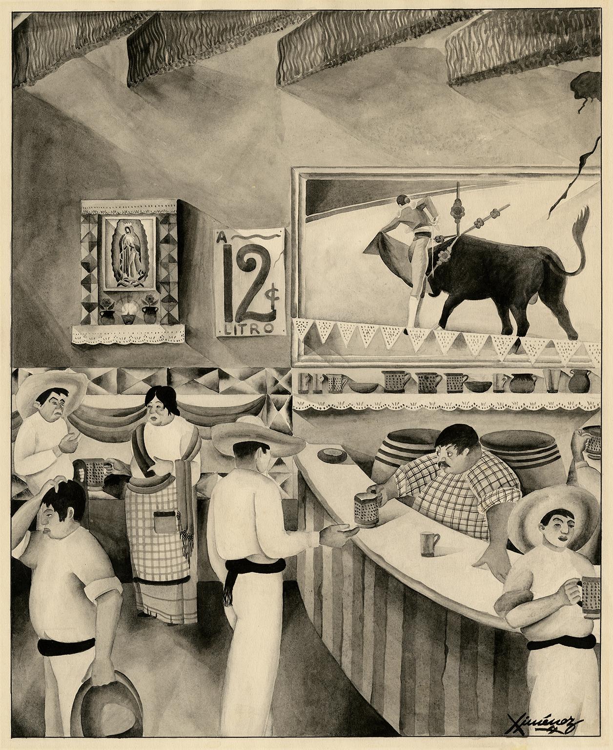 José Baqué Ximénez Figurative Painting - Mexican Bar Scene —School of Diego Rivera