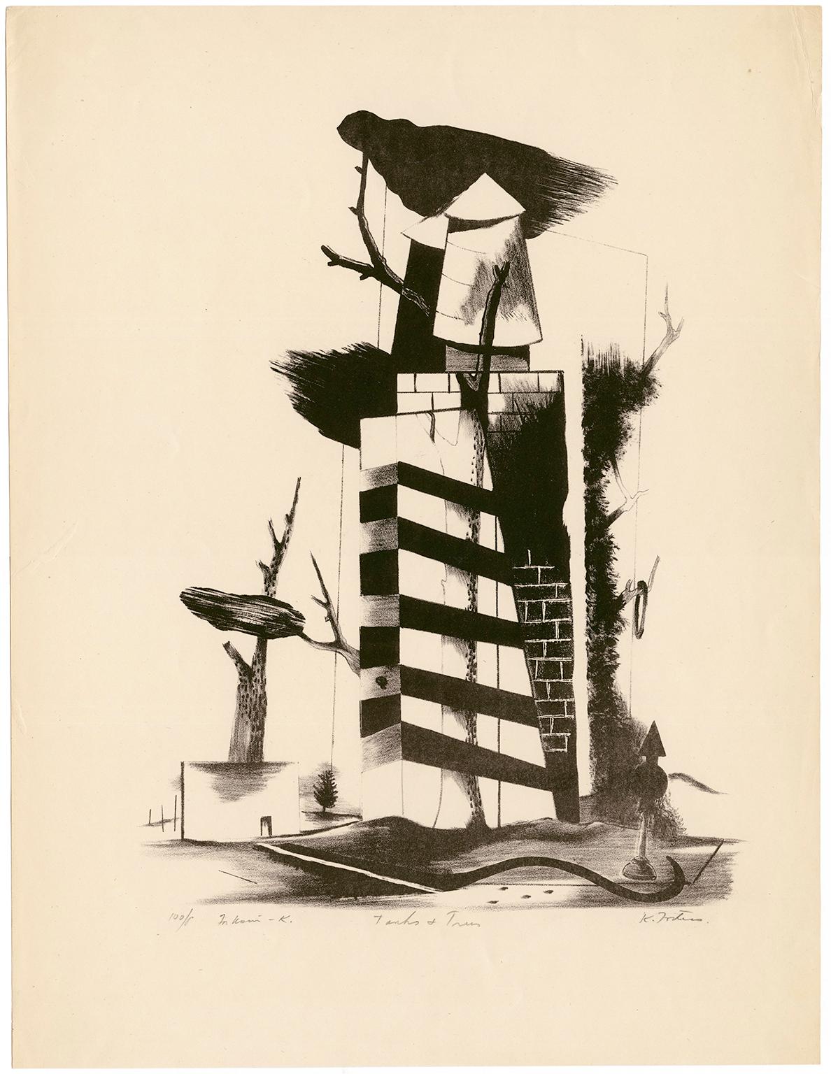 Panzer & Bäume - Amerikanischer Surrealismus aus der Mitte des Jahrhunderts – Print von Karl Eugene Fortess