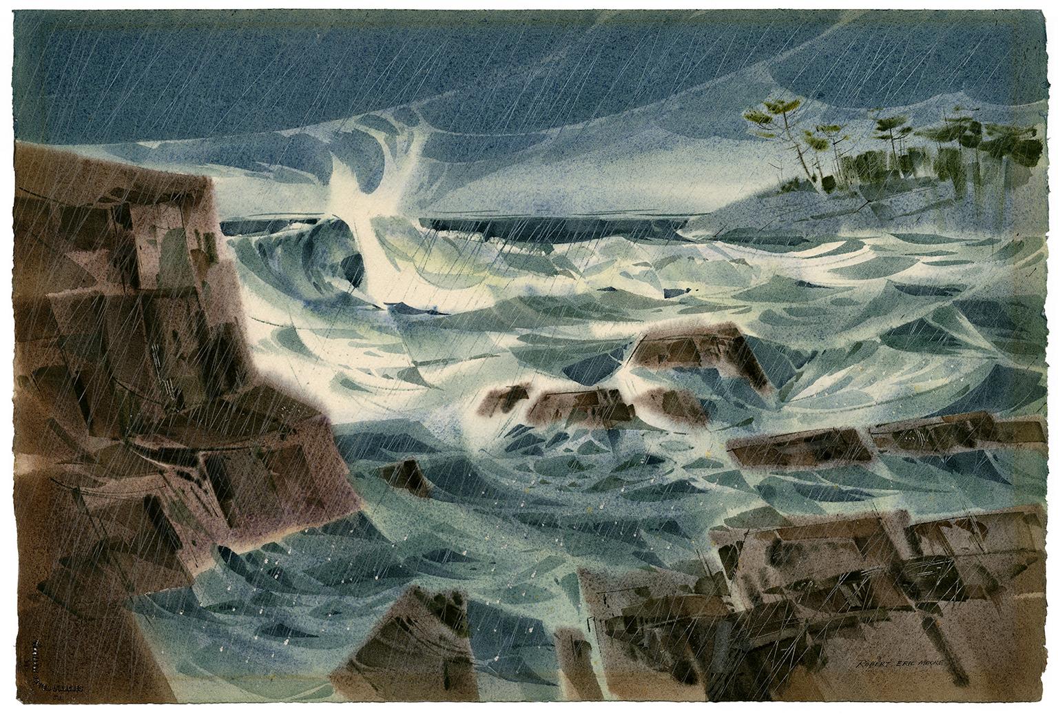 Coastal Scud, Maine —Mid-century Modernism - Painting by Robert Eric Moore