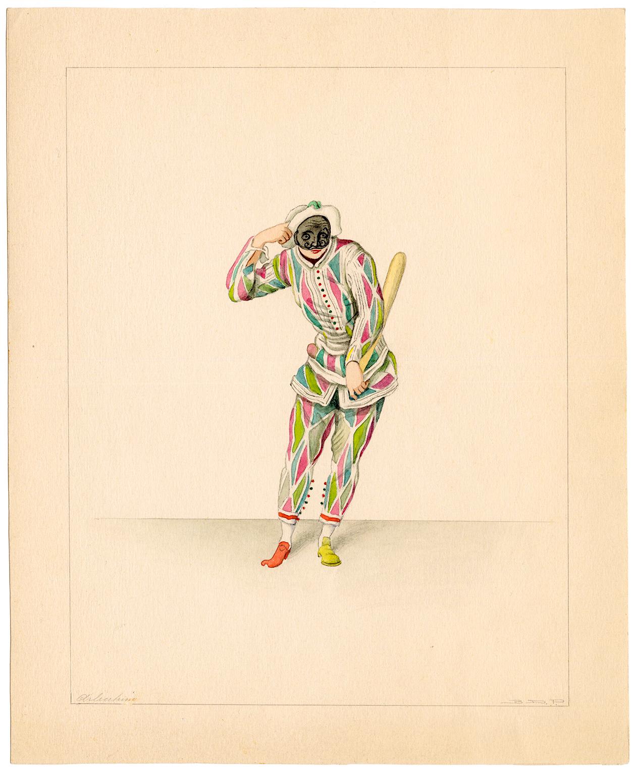 Unidentified artist, 'Commedia dell’arte' – four character studies (Arlecchino, Pantalone, Pantalone giovane, Tartaglia), watercolor and pencil, c. 1920s. Initialed '3 D. P.' beneath the figures, lower right. Finely rendered watercolors, with fresh,