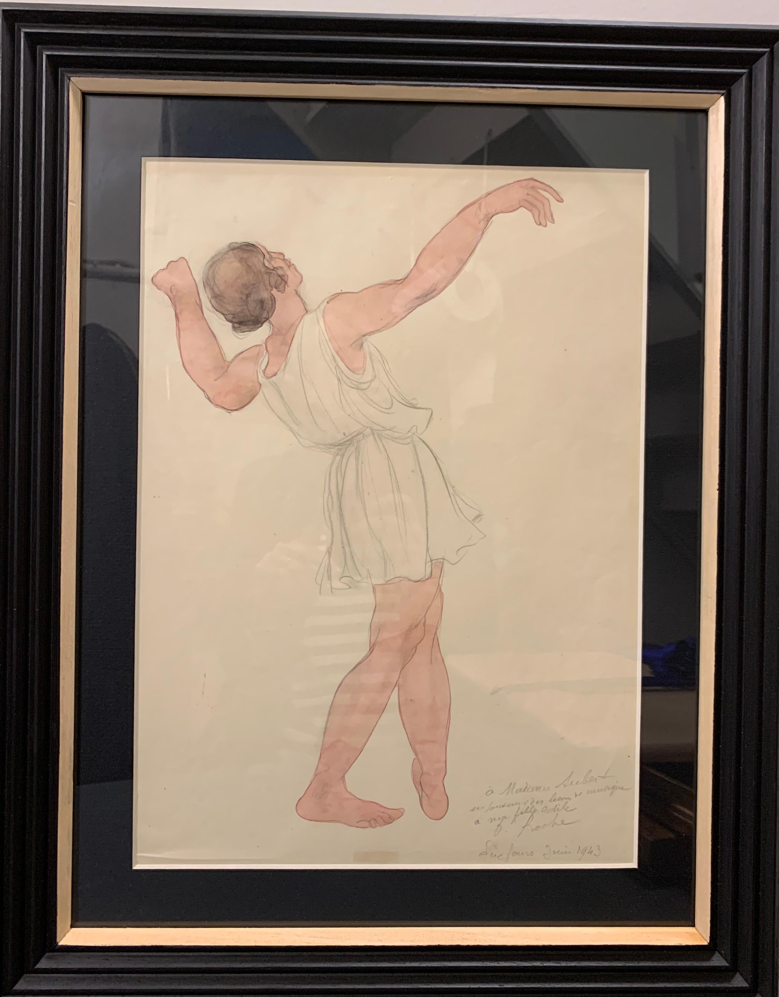 Odilon Roche Figurative Painting - "Dancer" Dance, 1943, Isadora Duncan, Ballet, White, Rose cm. 28 x 38
