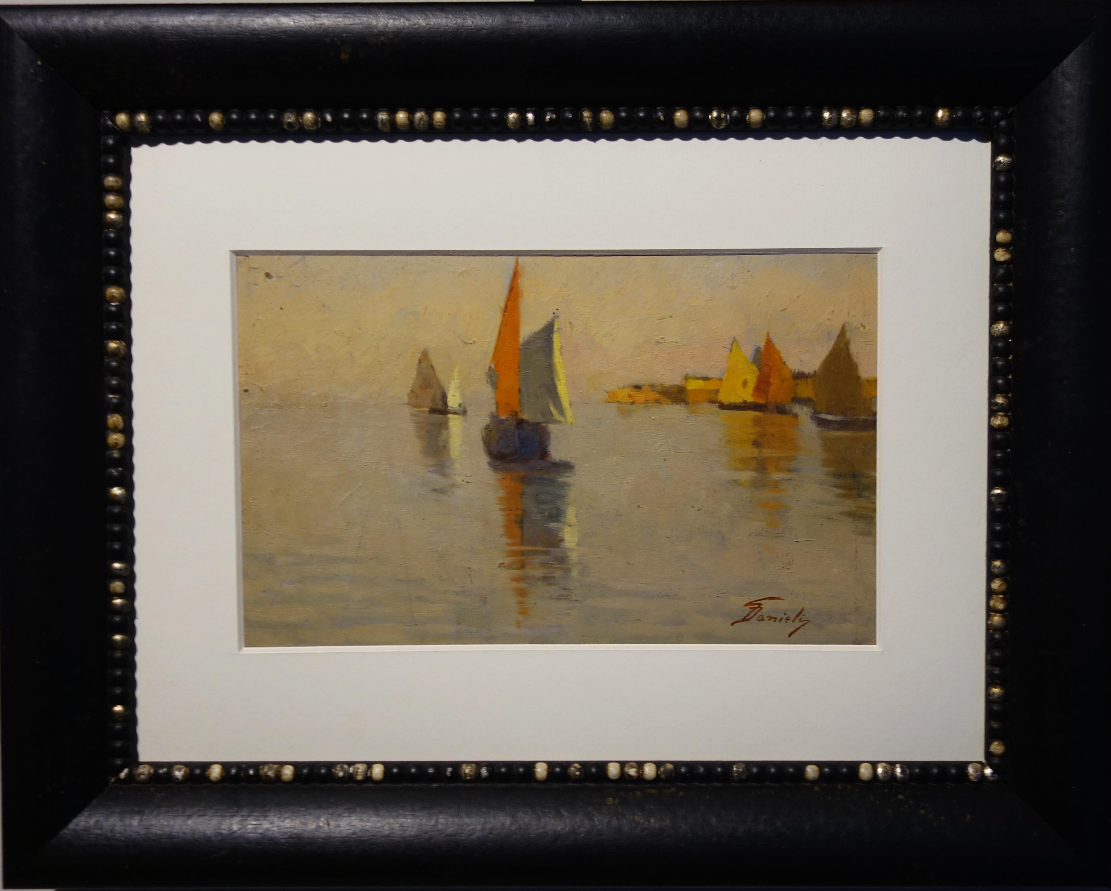 Giuseppe Danieli  Figurative Painting - "Sailboats, Venice Lagoon" Sea, Italy 19th cm. 20 x 30 1890