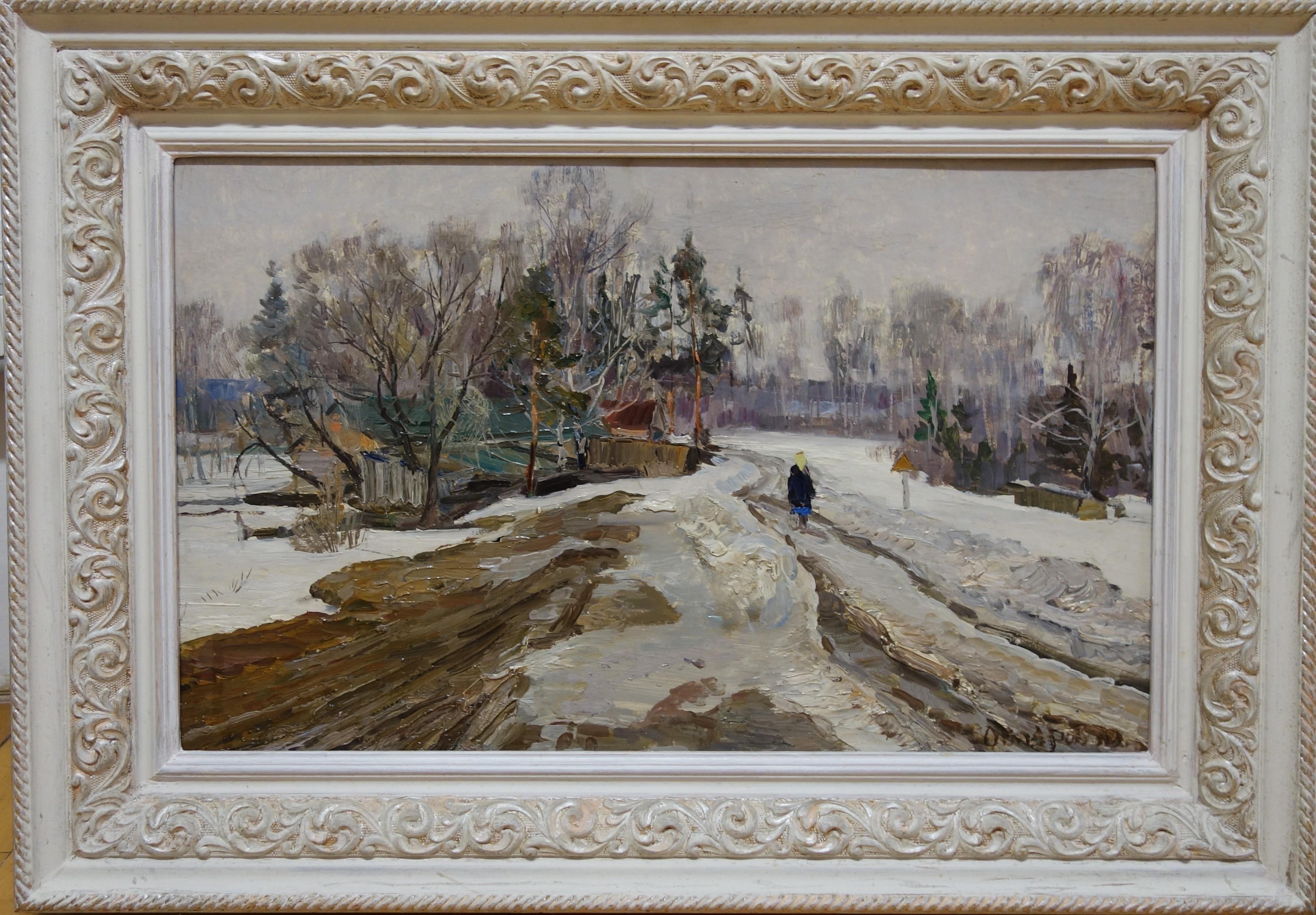 Figurative Painting di Andrei Ovcherov - "Winter" White, Neve, Russia, 20° Olio  cm. 38 x 61  1978