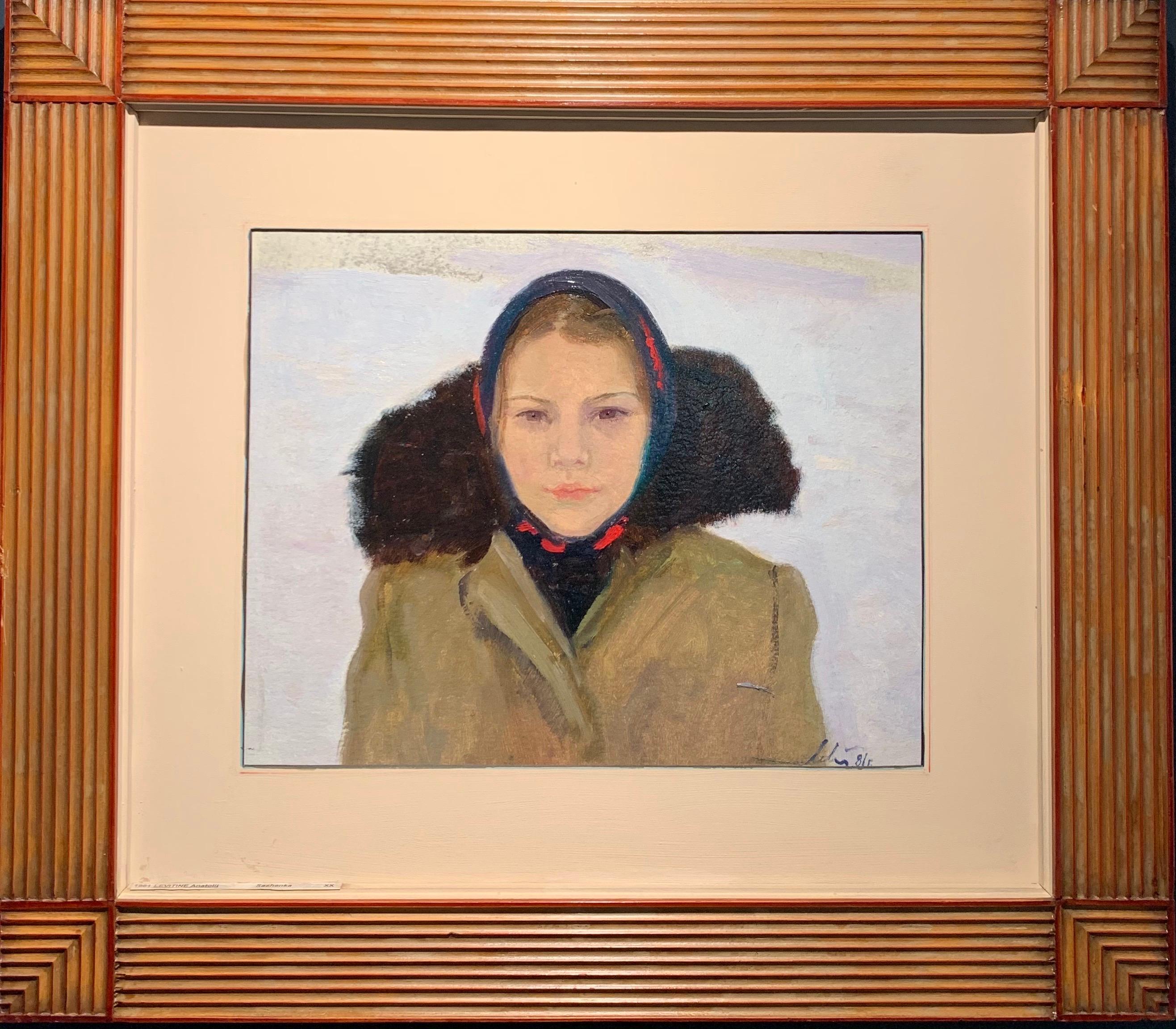 Anatoly Levitine Portrait Painting - "Sashenka" Oil cm. 40 x 50 1981 Woman, Russia, snow