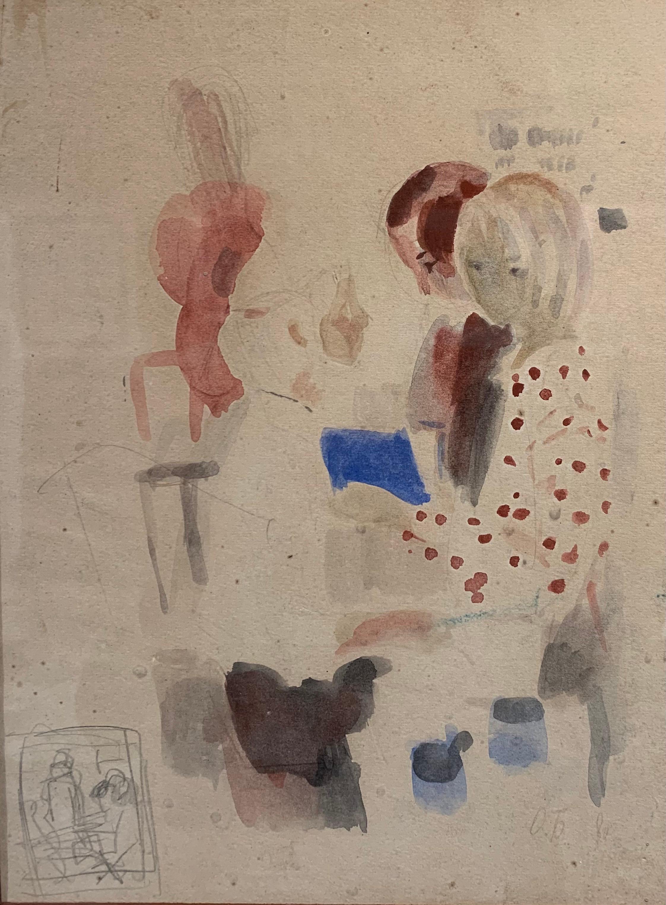 „Children“ Kleines Mädchen, Kind, rot, blau, reading cm. 31 x 24 1980  – Painting von Olga BOGAEVSKAJA