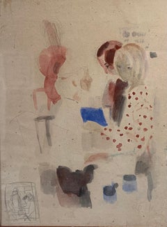 "Children" Little girl, child, red, blue, reading cm. 31 x 24 1980