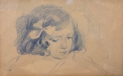 "Study for little girl reading" Children, Blue pencil  19th cm. 20 x 13 1890