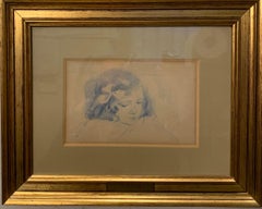 "Study for little girl reading" Children, Blue pencil 19th cm. 20 x 13 1890