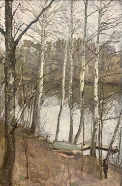 "Painter by the river" Forest, river, birch, gray  Olio cm. 65 x 97 1981