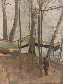 "Painter by the river" Forest, river, birch, gray  Olio cm. 65 x 97 1981
