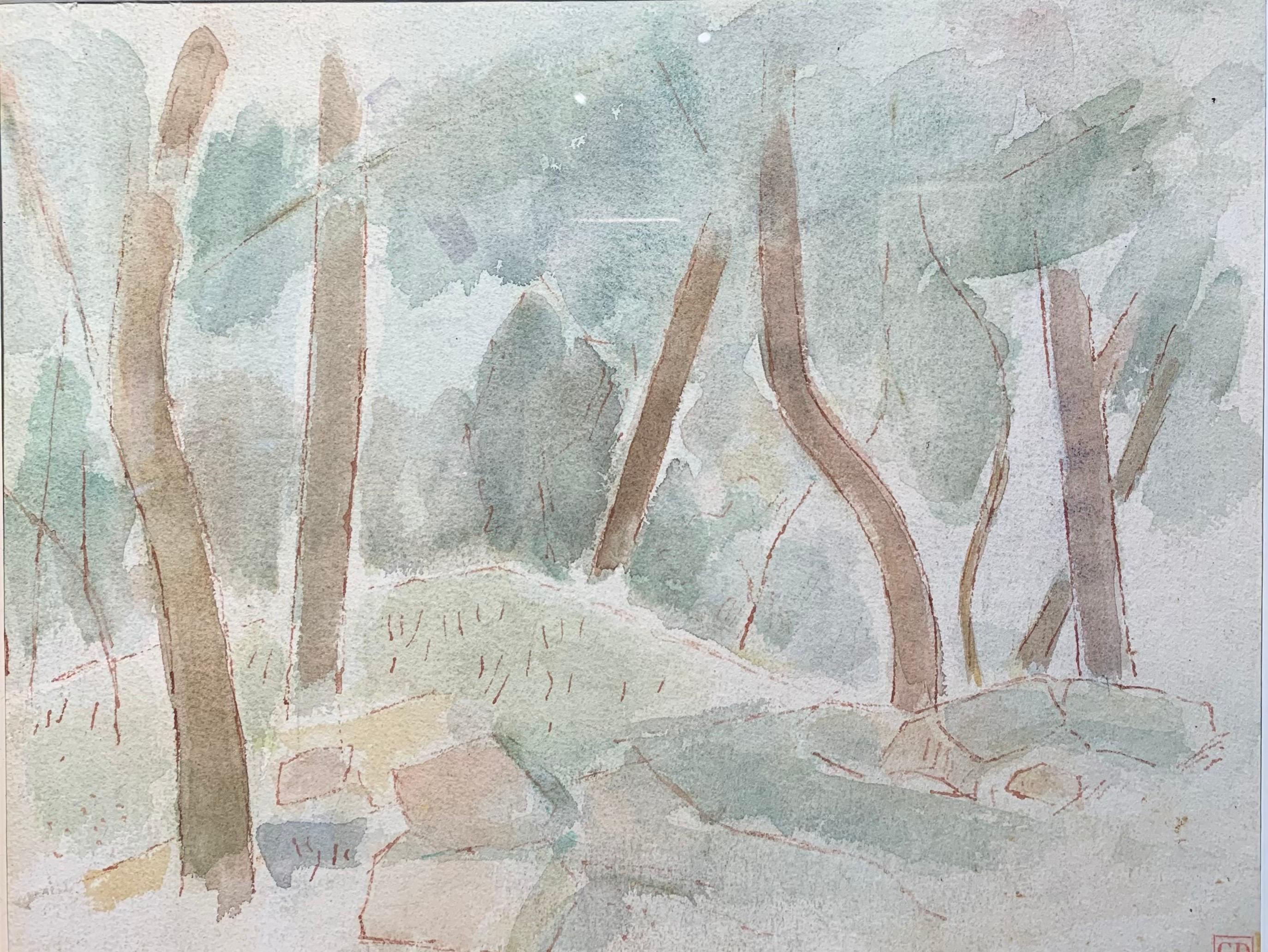 „undergrowth“ Wald, Bäume, Grün, Aquarell 1929, 36,5 x 26,5 cm – Art von Giulio da Milano