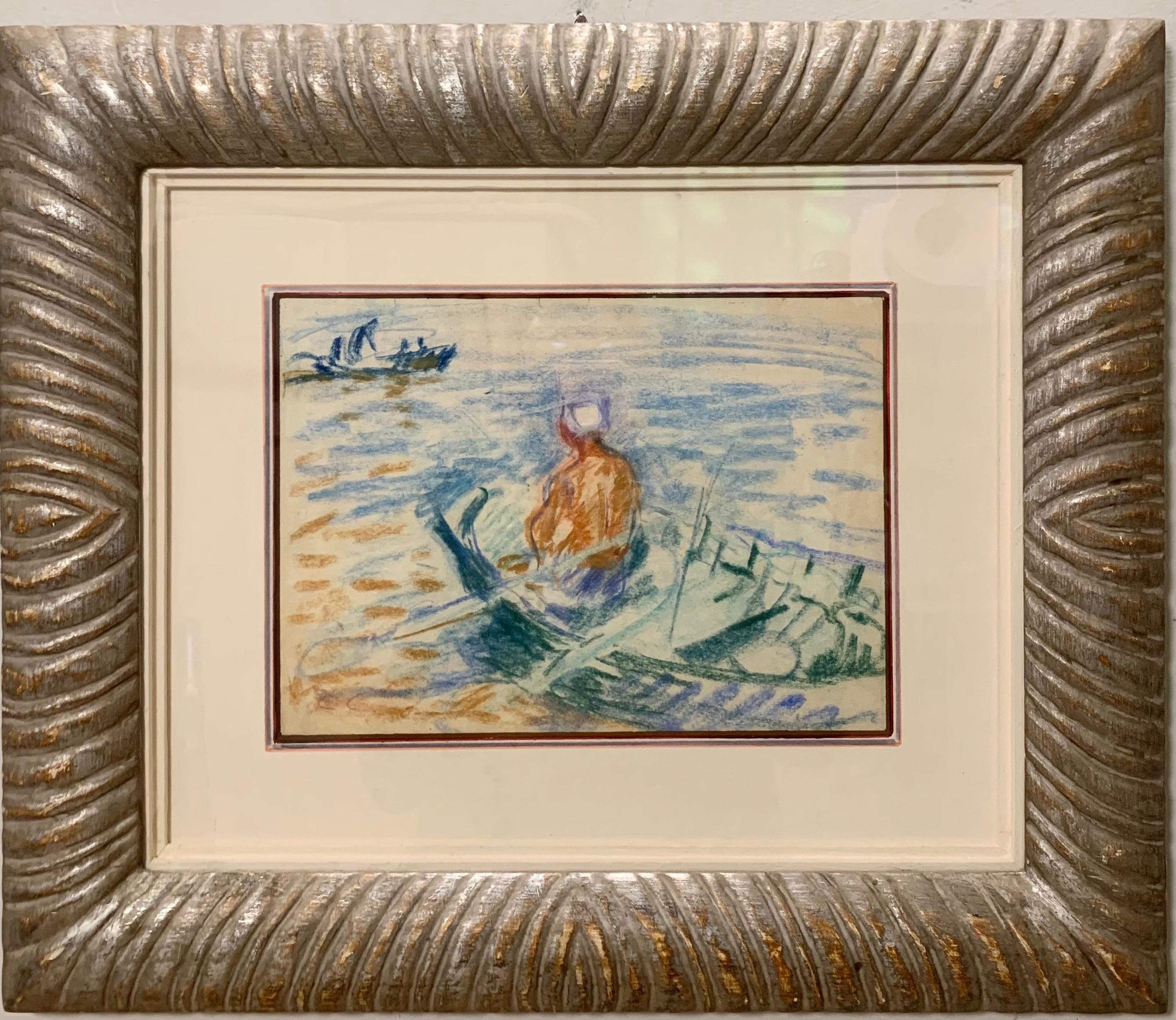 Gleb Savinov Figurative Art - "Boat on the lake" Pastel cm. 29 x 21 1950 