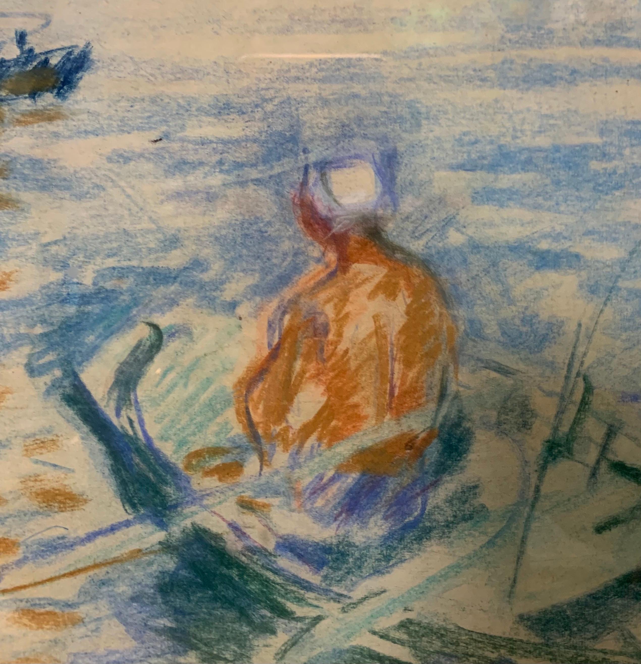 « Bateau sur le lac » Pastel cm. 29 x 21 1950  - Post-impressionnisme Art par Gleb Savinov