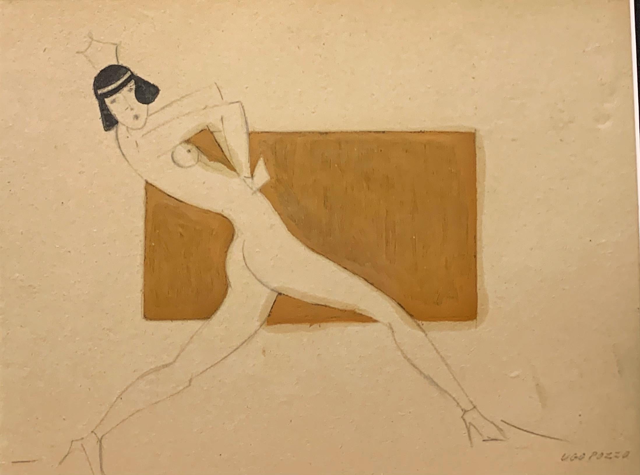 Ugo Pozzo  Nude - "Dancer" 1930 , dance, cm. 26 x 21 watercolor and pencil framed cm. 40 x 35