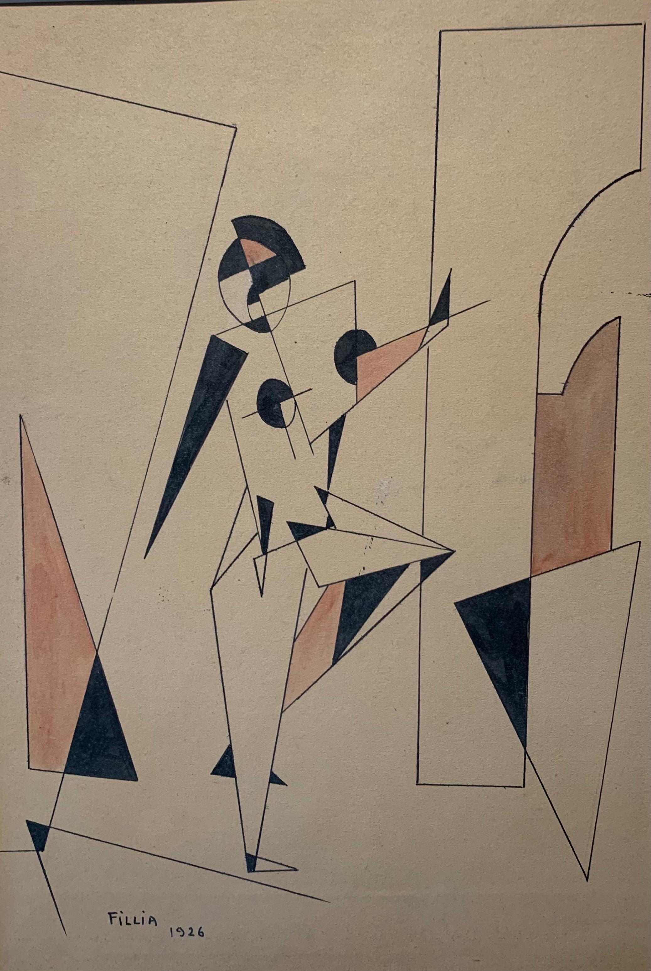 Fillia -Luigi Colombo  Figurative Art - "Futurist dancer" Futurist, Dance, Black, pink, Ink and watercolor, 1926, cm. 30 x 22