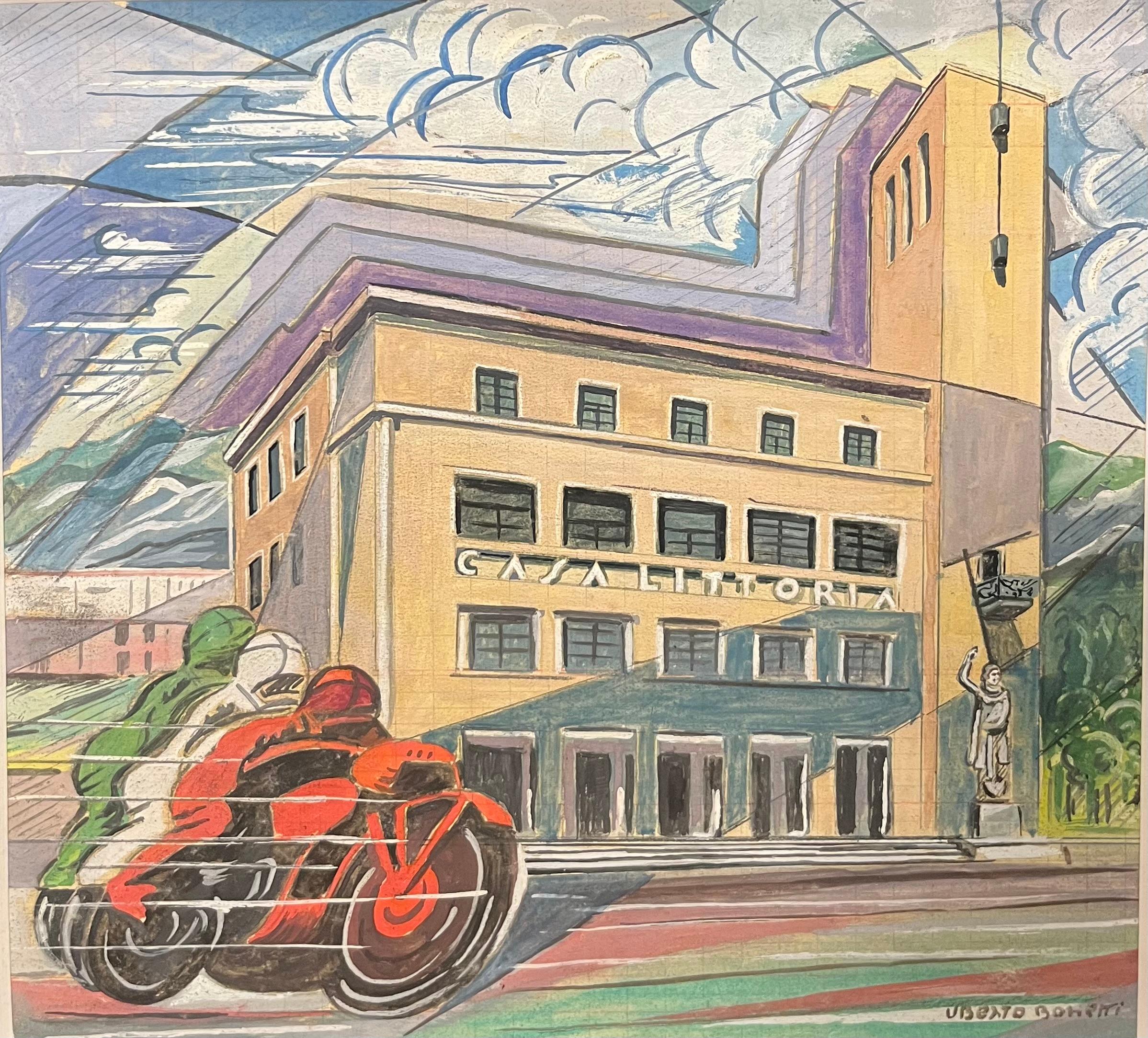 Uberto Bonetti Figurative Art - “ tricolor motorcycles"  Italy Watercolor on paper 1930  cm. 25 x 23 