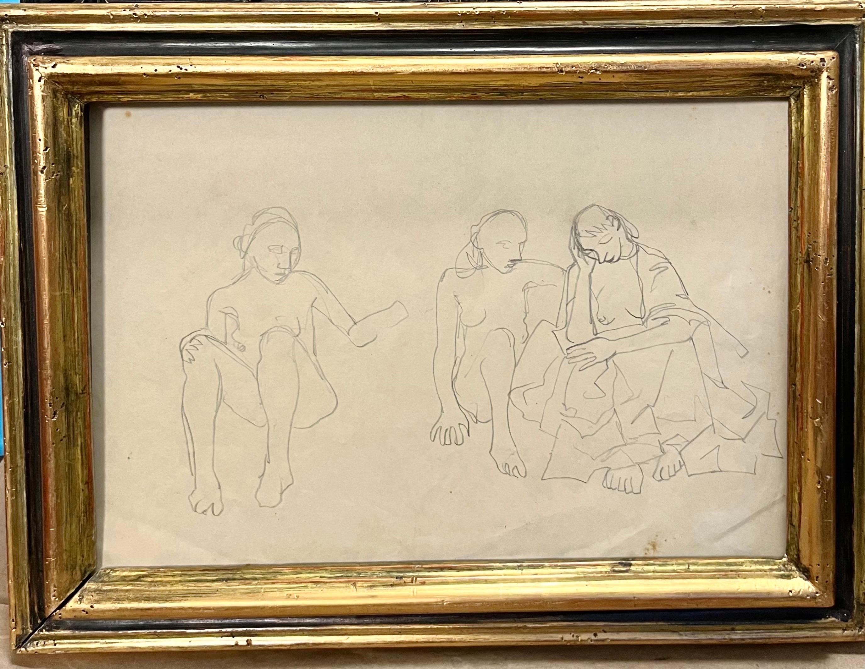 Felice Casorati Figurative Art - "Three Crouching Figures" Pencil on paper cm. 25 x 35 , shipping free