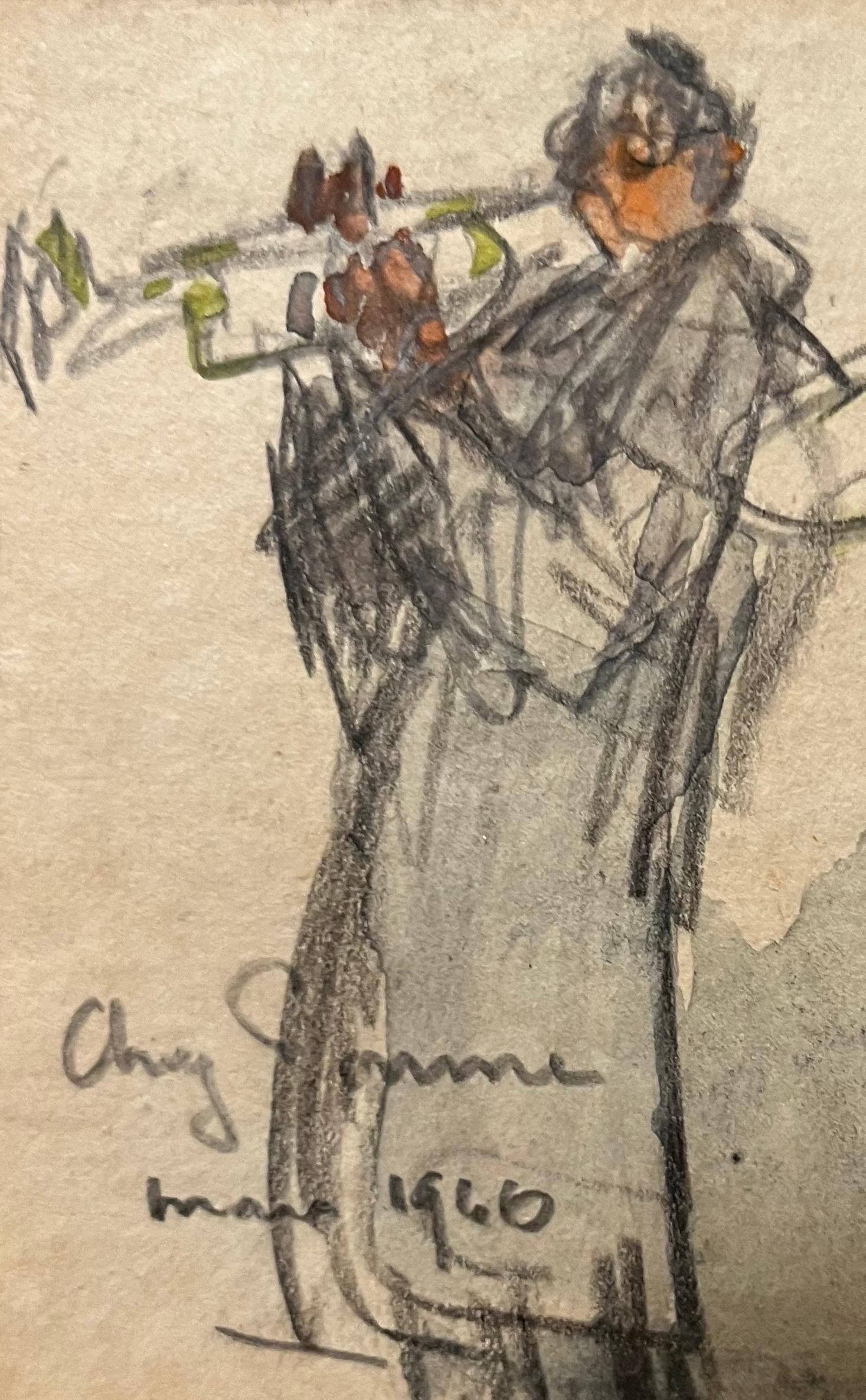 « Musiciens » Trumpeters, Jazz, Aquarelle, Crayon  cm.12 x 8 1946 1