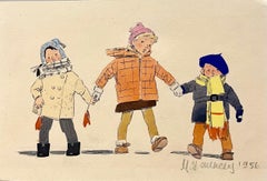 "Children by the hand" watercolor on paper cm.23 x 15  1956