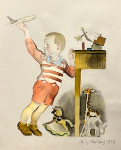 Vintage "Child with toys" watercolor cm. 24 x 30  1957 