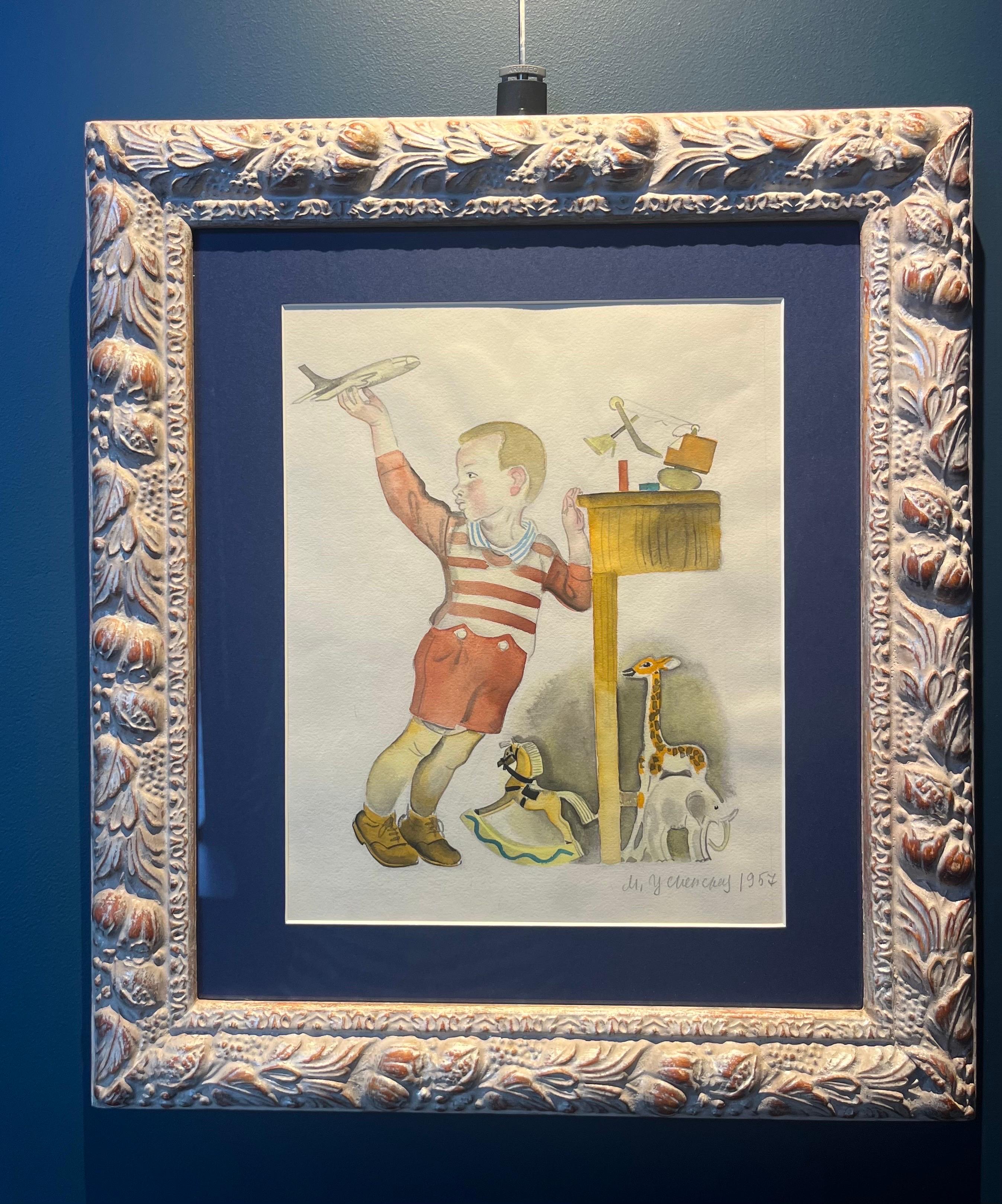 Figurative Art Marina Yevgenyevna Uspenskaya - "Enfant avec jouets" aquarelle cm. 24 x 30  1957