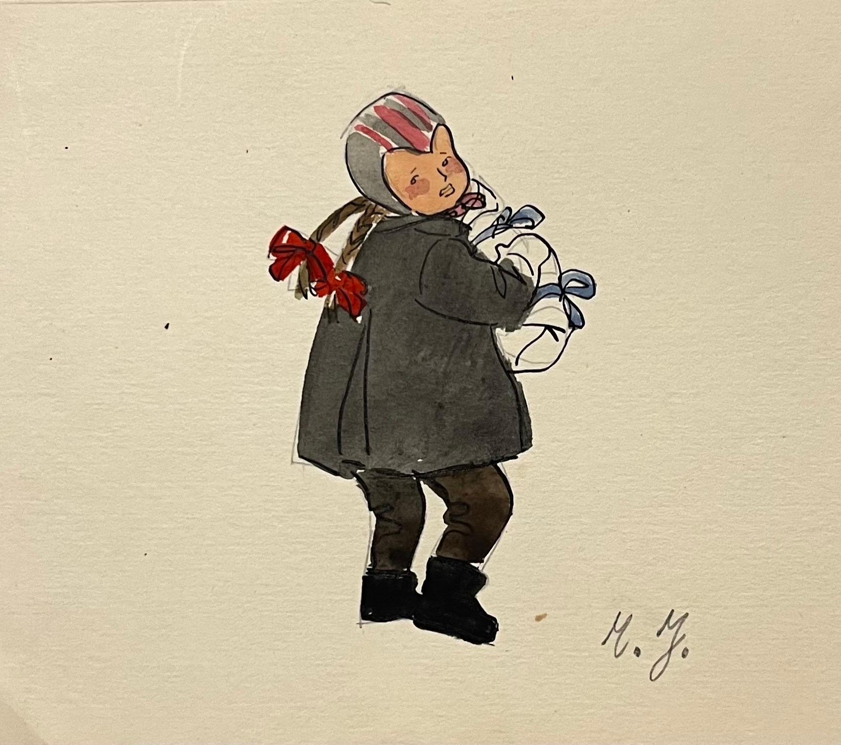 Marina Yevgenyevna Uspenskaya Figurative Art - " Little girl with red bows "  watercolor     cm. 16 x 13  1960
