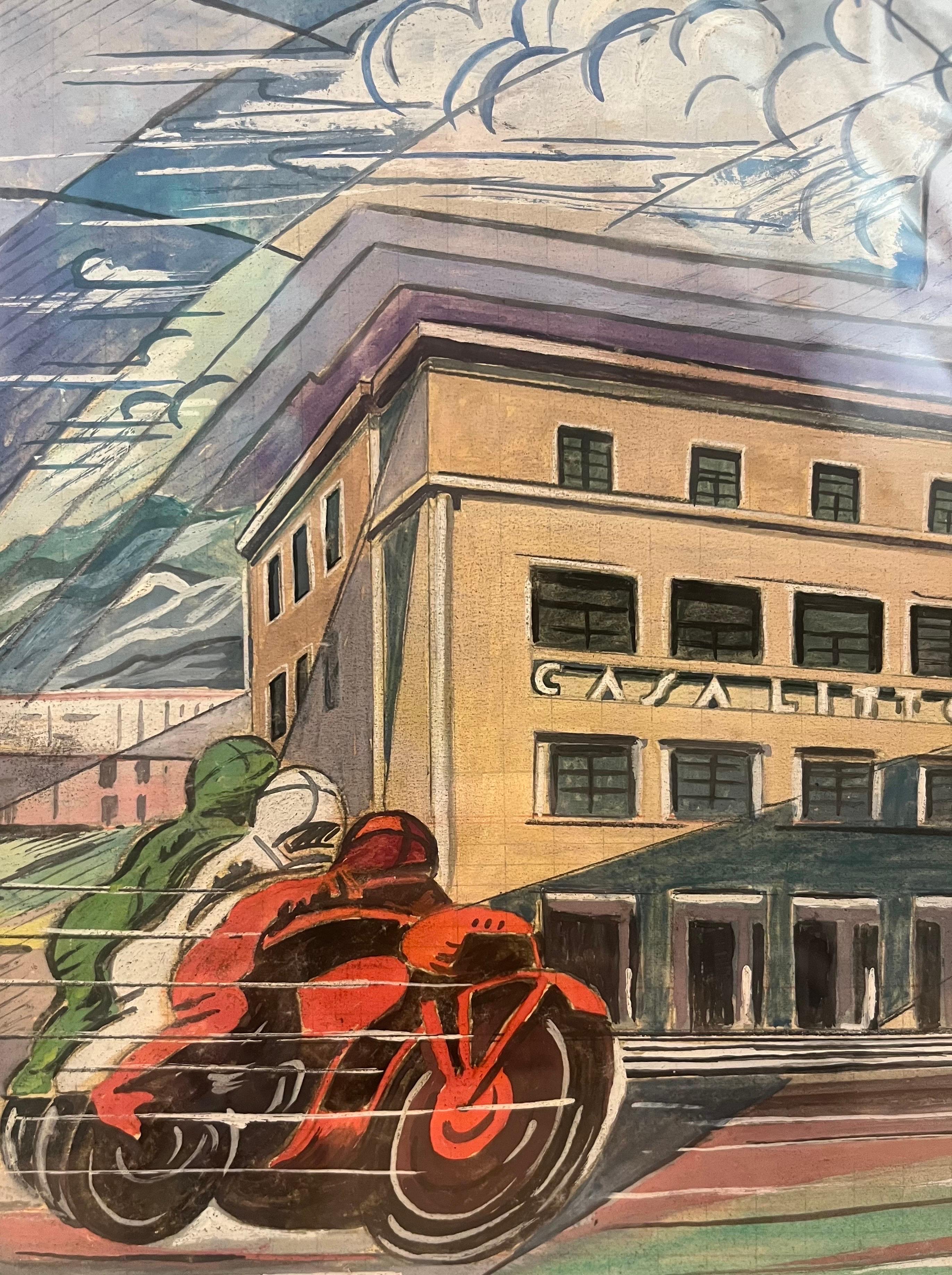 « Motorcycles tricolores »  Aquarelle sur papier, Italie, 1930  25 x 23 cm - Futuriste Art par Uberto Bonetti