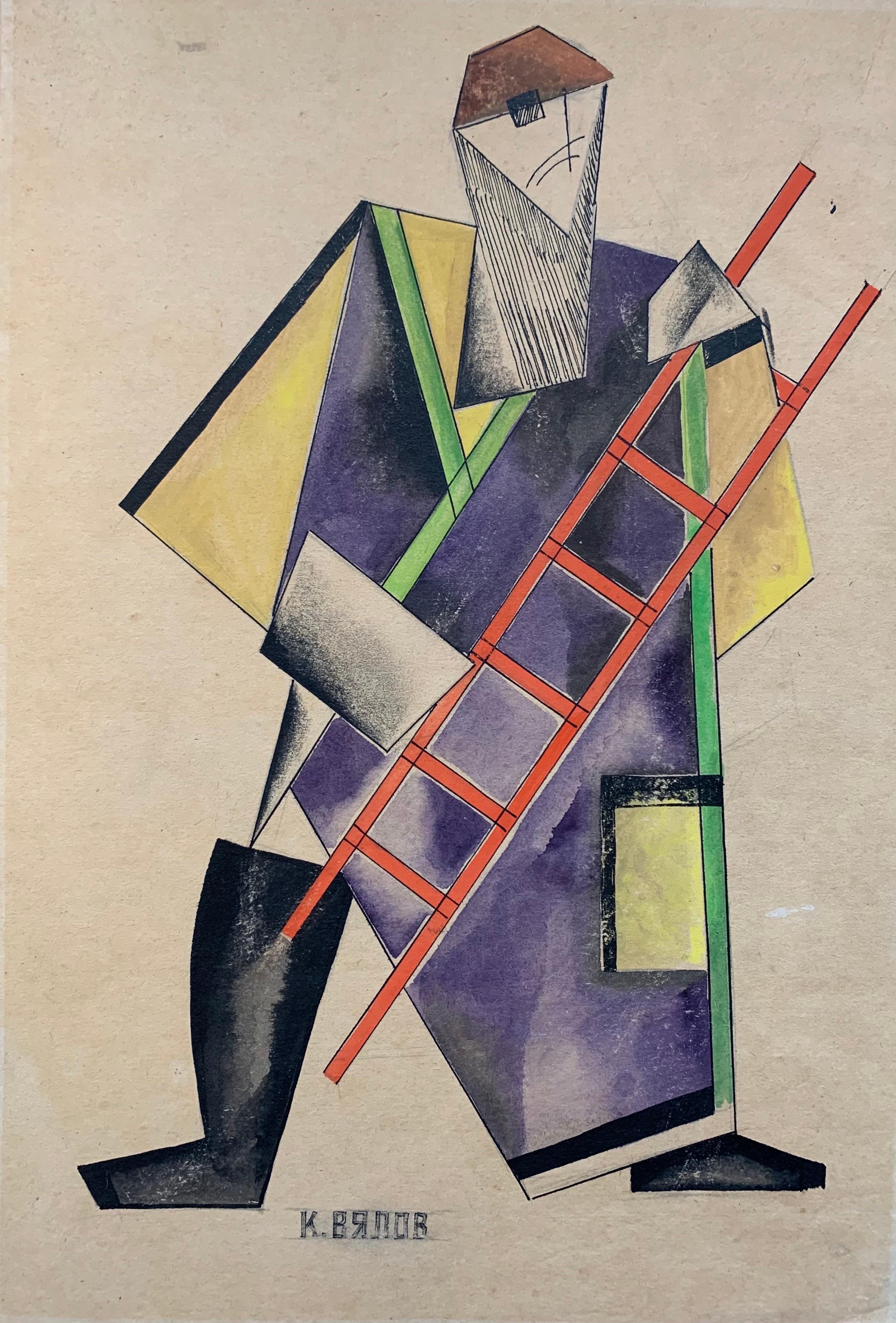 „Costume teatrale costruttivista“    Acquerello und Porzellan  cm. 26 x 38   1920 ca. – Art von Konstantin Aleksandrovic Vialov