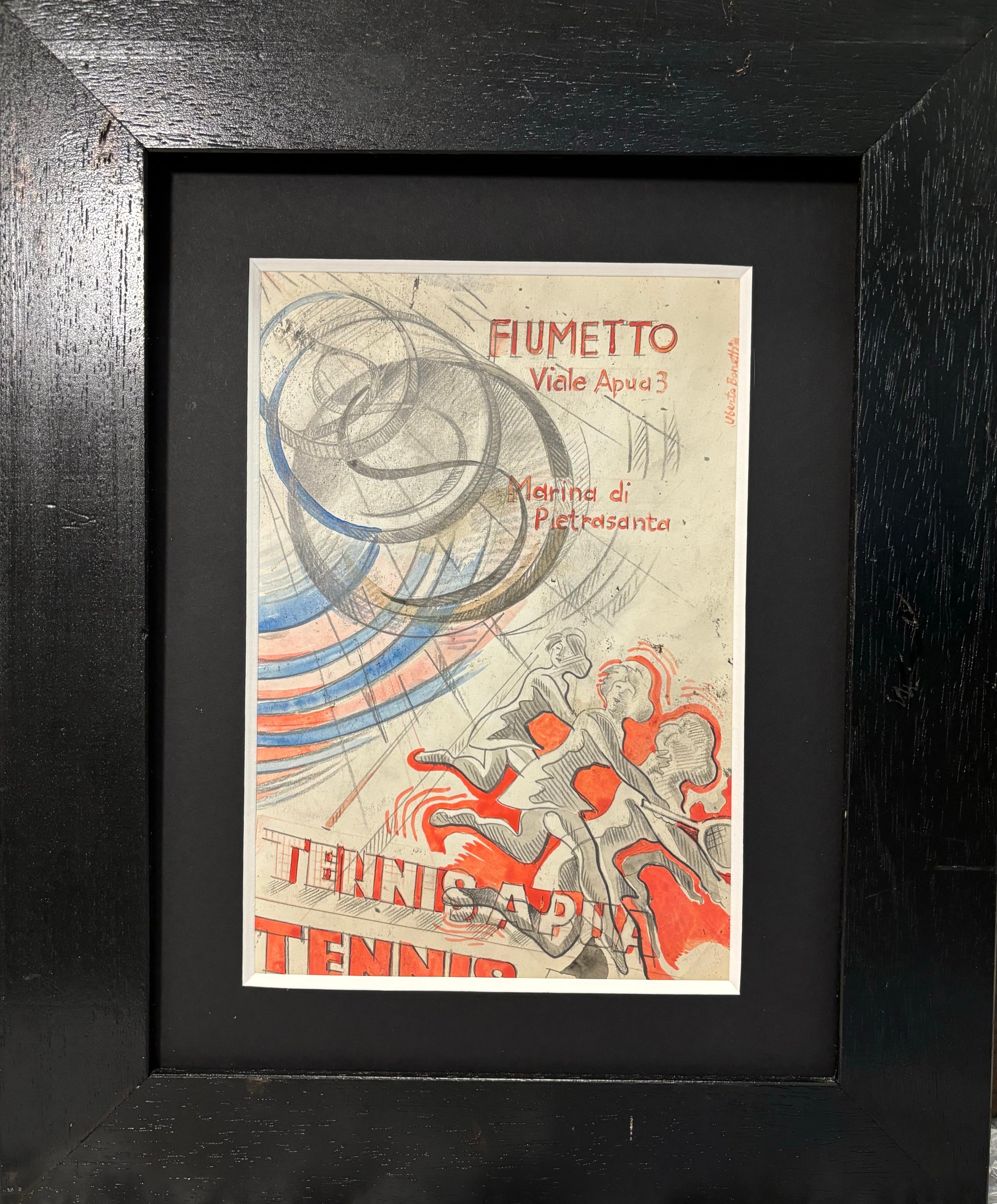 Figurative Art de Uberto Bonetti - " Tenis " Studio per manifestro cm. 16 x 23  1940 ca