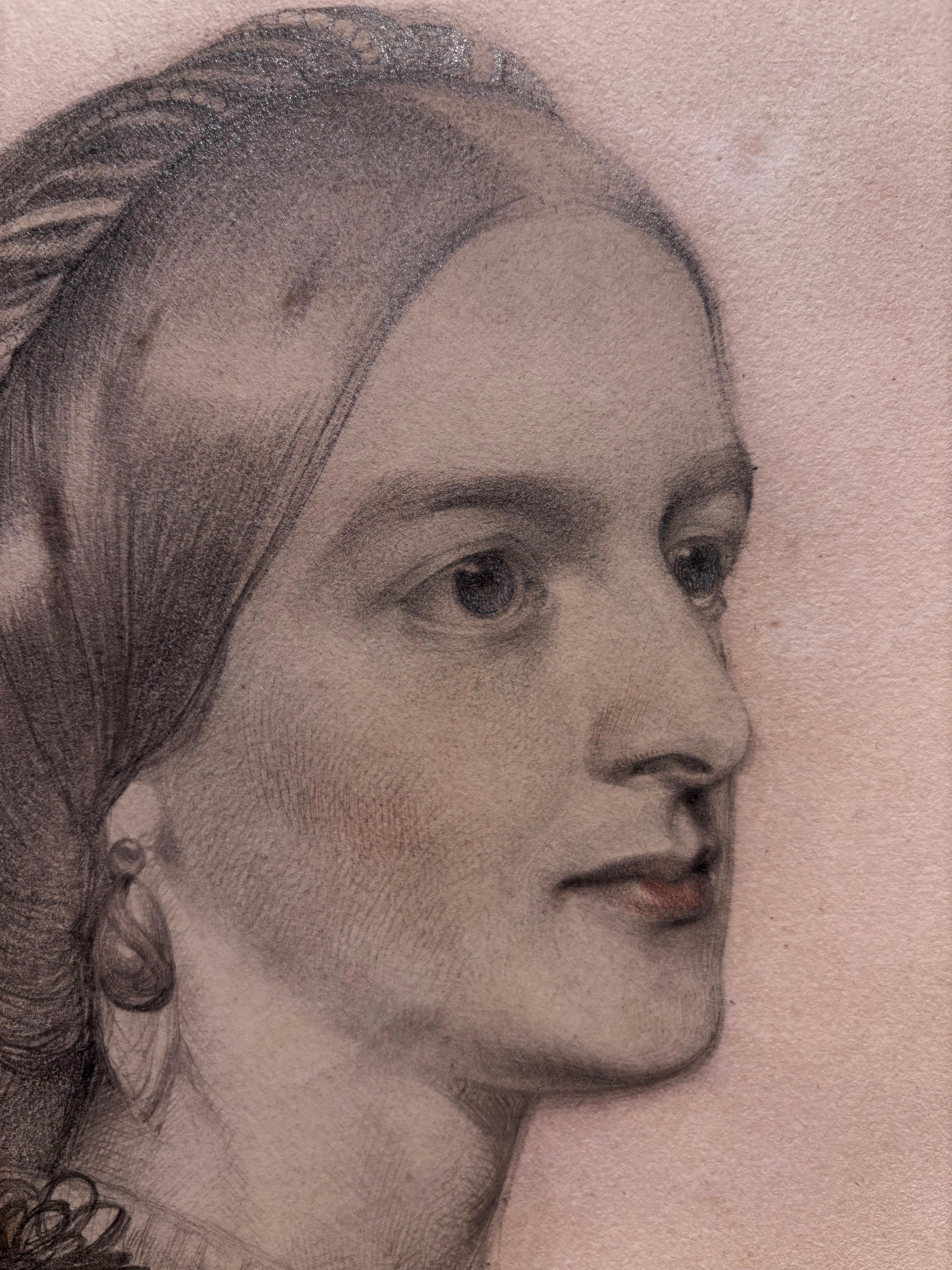 Raro studio dell'artista Preraffaellita Frederick Sandys,Studio per l'opera
Porträt einer Dame,( Anne Simms Reeve of Brancaster Hall, Norfolk) proprietà :
Kunstmuseum der Universität Michigan
Gesims orifinale 

Frederick Sandys, (Norwich, 1º