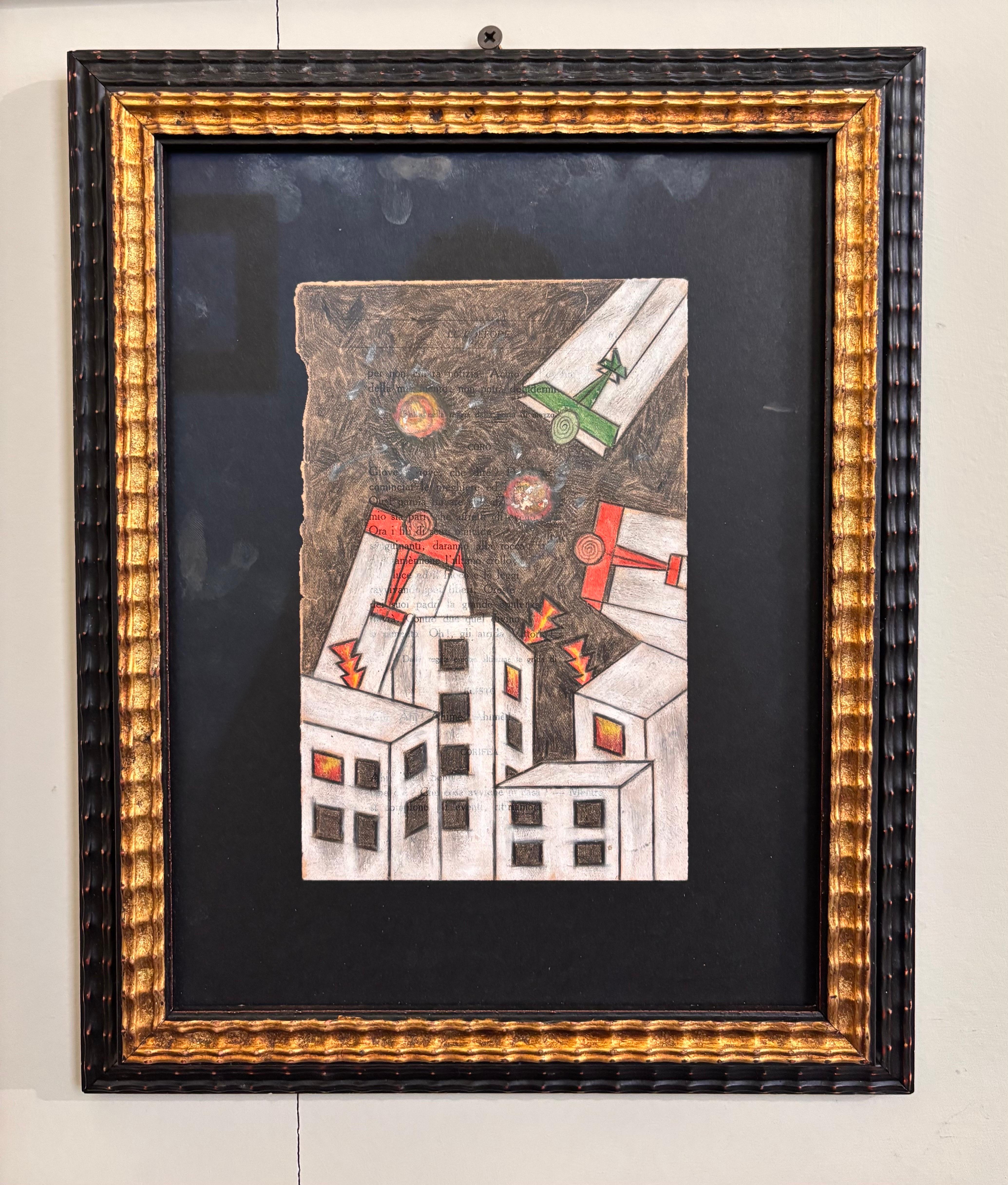 Aeropittura città nella notte   Tecnica mista su carta cm. 13 x 18  1930 (Schwarz), Abstract Drawing, von Michele Falanga