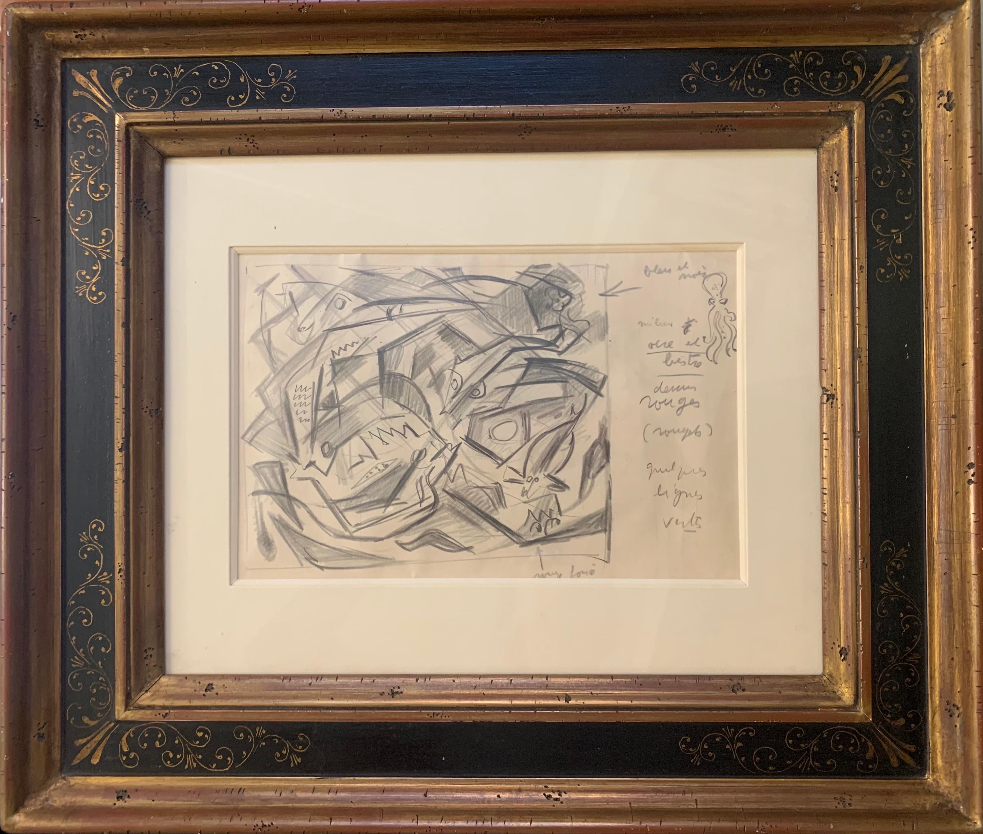 André Masson Abstract Drawing – „Le combat des poissons“ Bleistiftstudie mit Notizen, cm. 30 x 20 1940 ca.