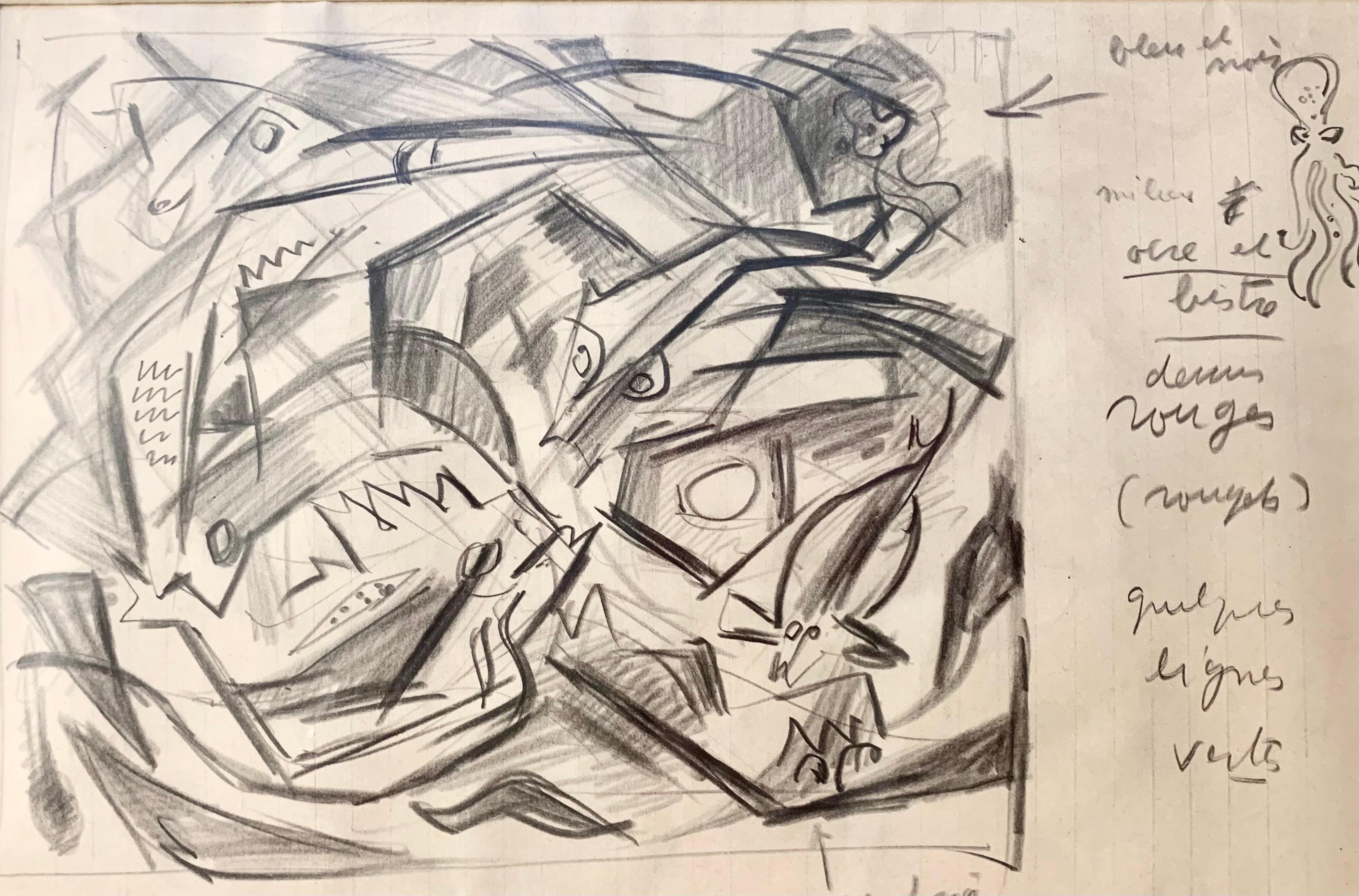 „Le combat des poissons“ Bleistiftstudie mit Notizen, cm. 30 x 20 1940 ca. – Art von André Masson