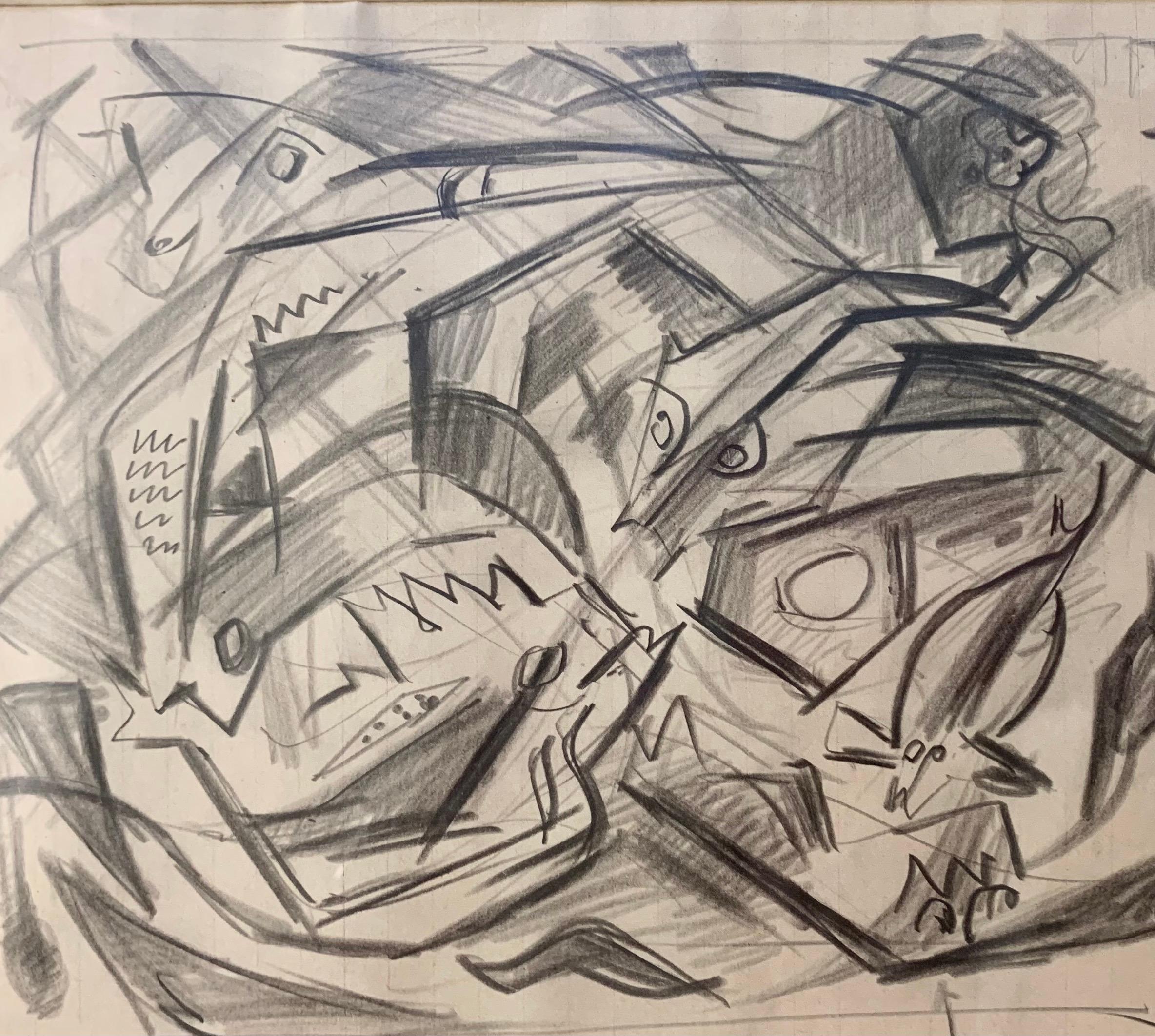 „Le combat des poissons“ Bleistiftstudie mit Notizen, cm. 30 x 20 1940 ca. im Angebot 1