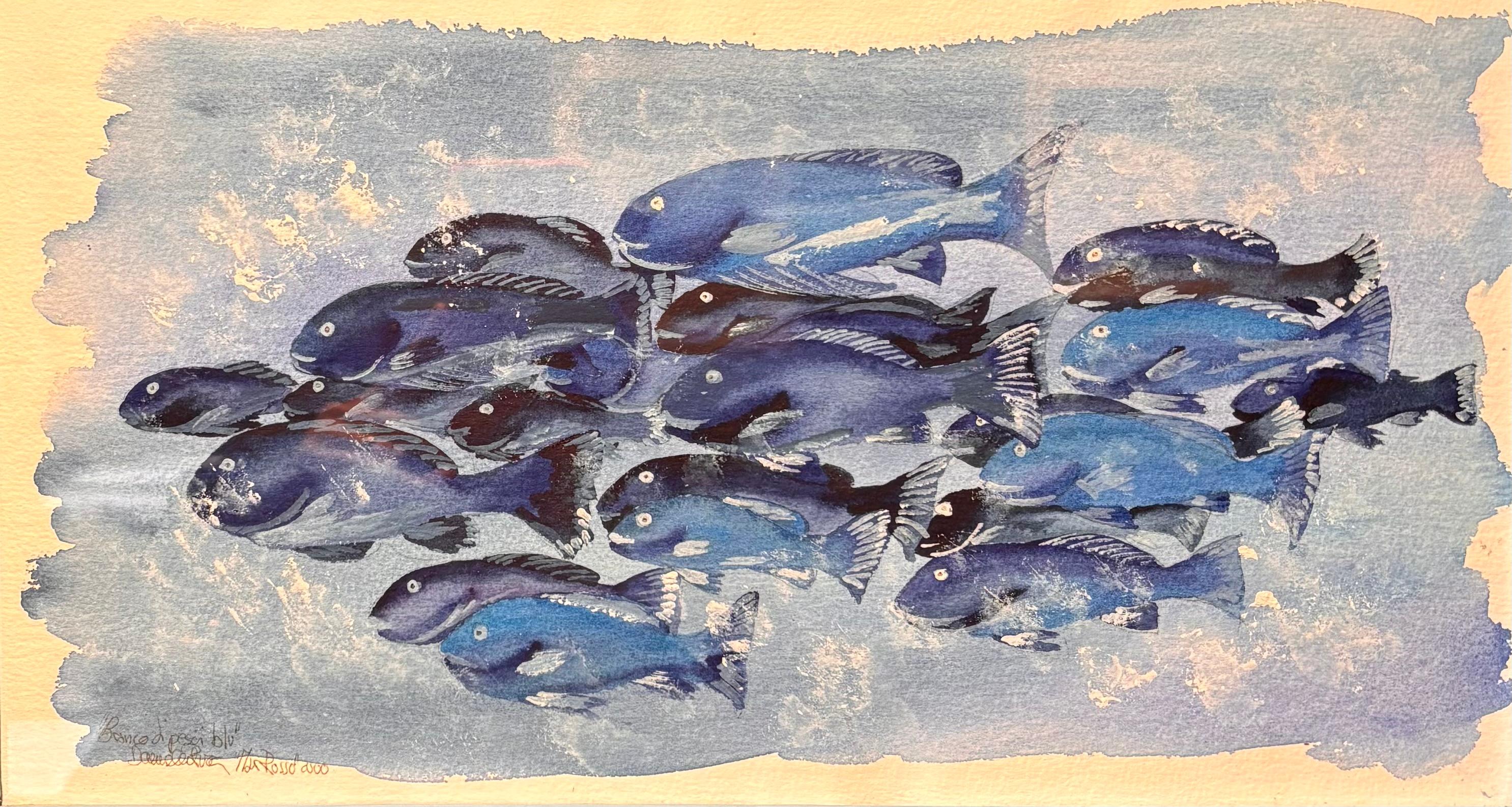 School of blue fish    watercolor  cm. 41 x 23  2000 For Sale 1
