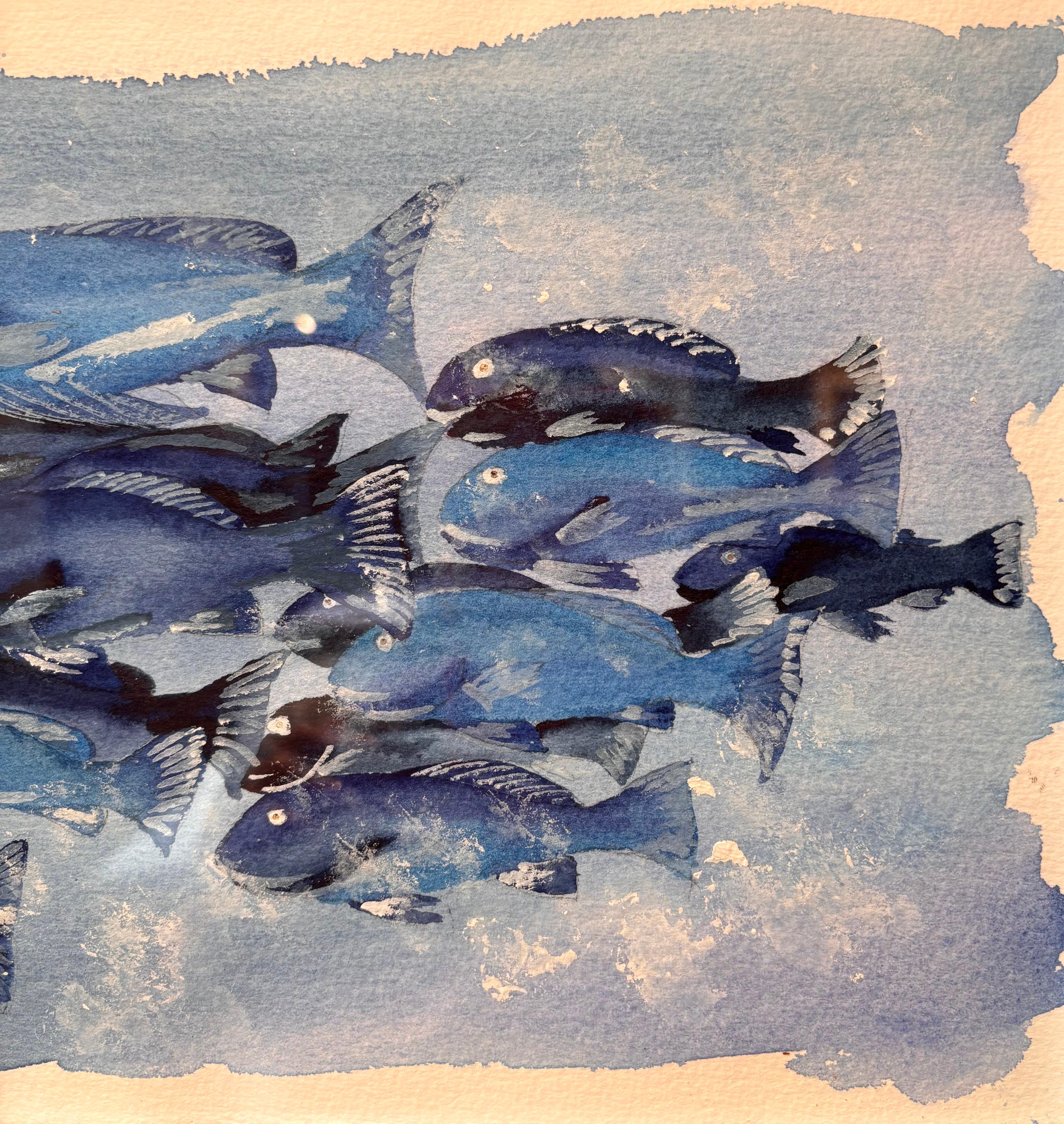 School of blue fish    watercolor  cm. 41 x 23  2000 For Sale 3