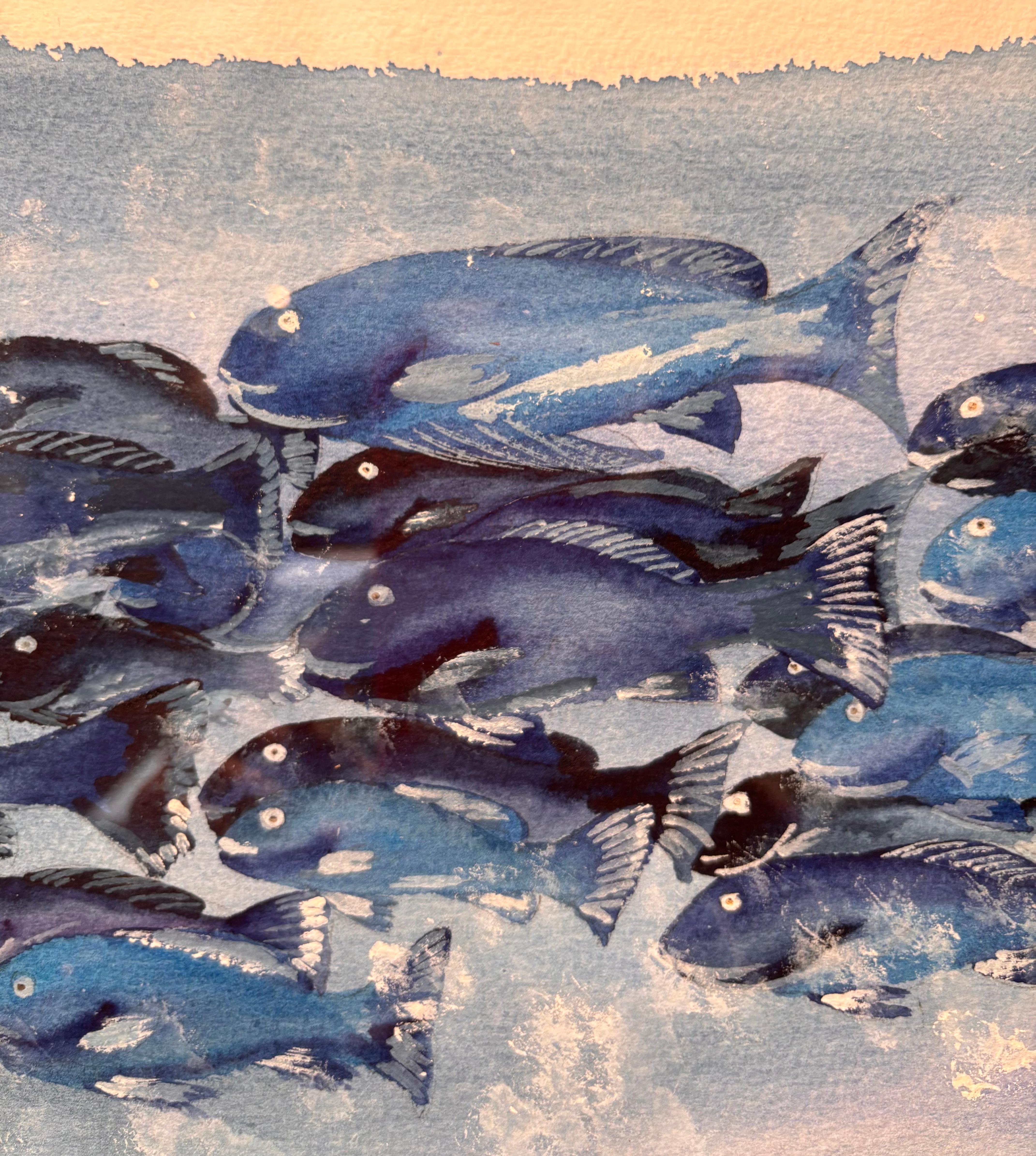 School of blue fish    watercolor  cm. 41 x 23  2000 For Sale 4