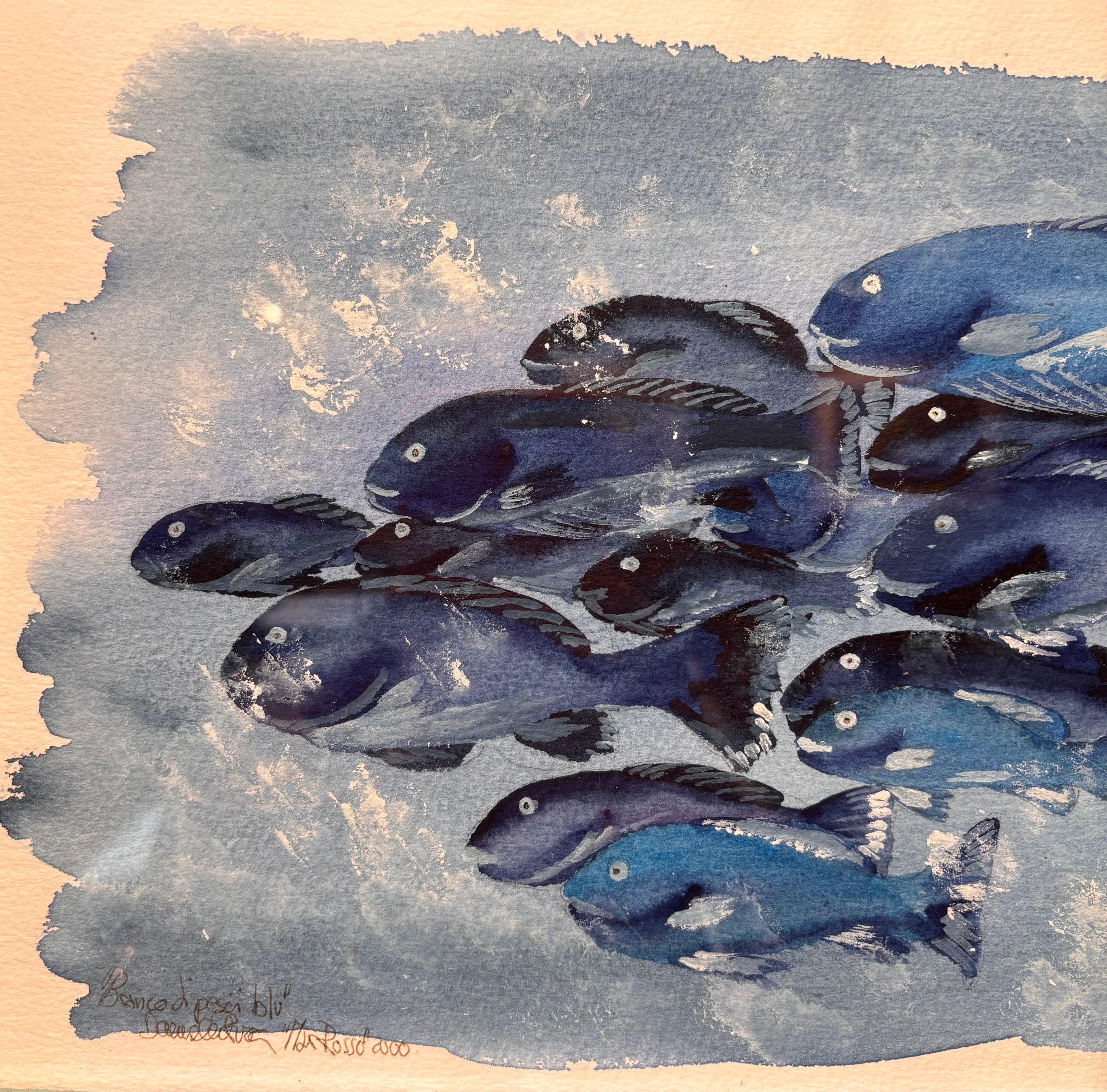 School of blue fish    watercolor  cm. 41 x 23  2000 For Sale 2